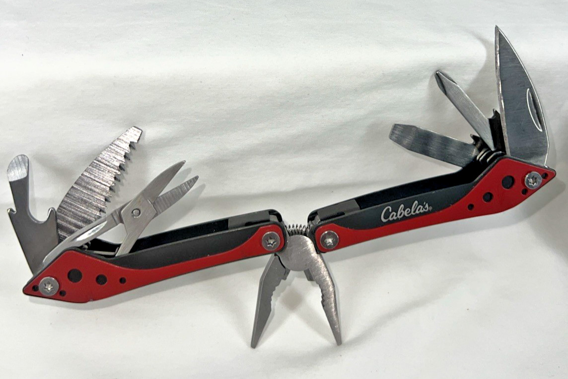 Cabela’s Multitool Red Pliers Screwdriver Knife Utility Pocket Tool Folded 3″