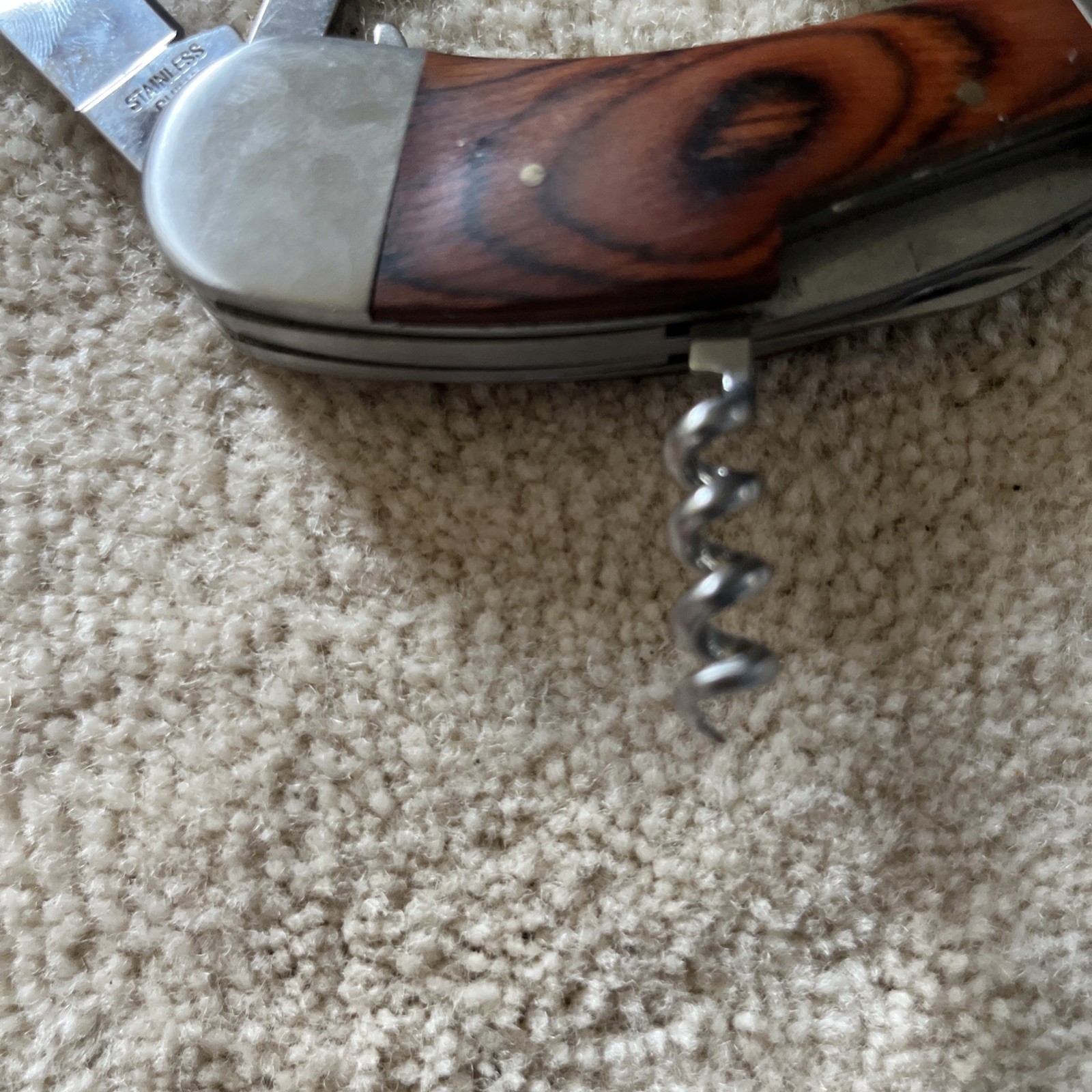 Camping Knife Wooden Handle with 7 Different Tools Attached with a Hanging Ring