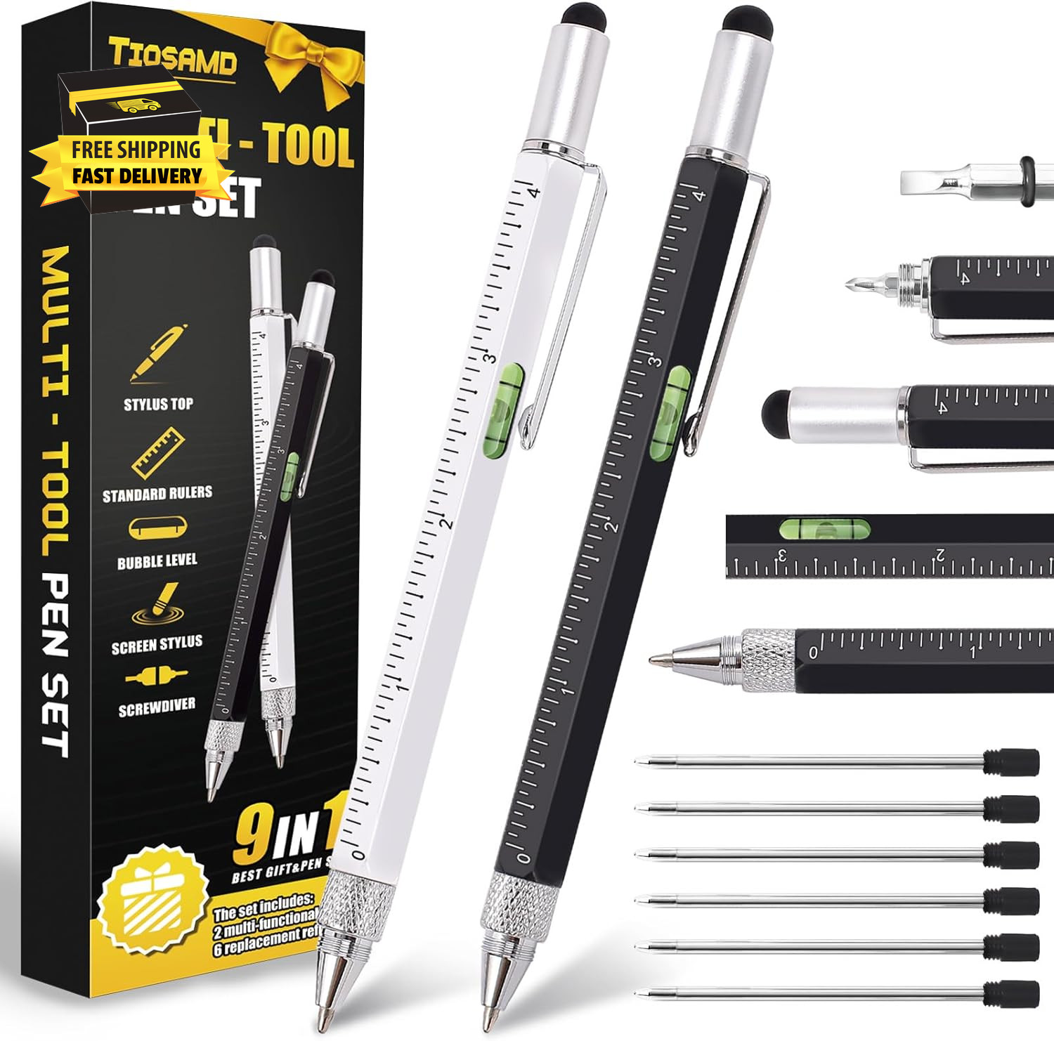 Stocking Stuffers for Men, 9 in 1 Metal Multitool Pen 2Pcs and Refill 6Pcs, Uniq