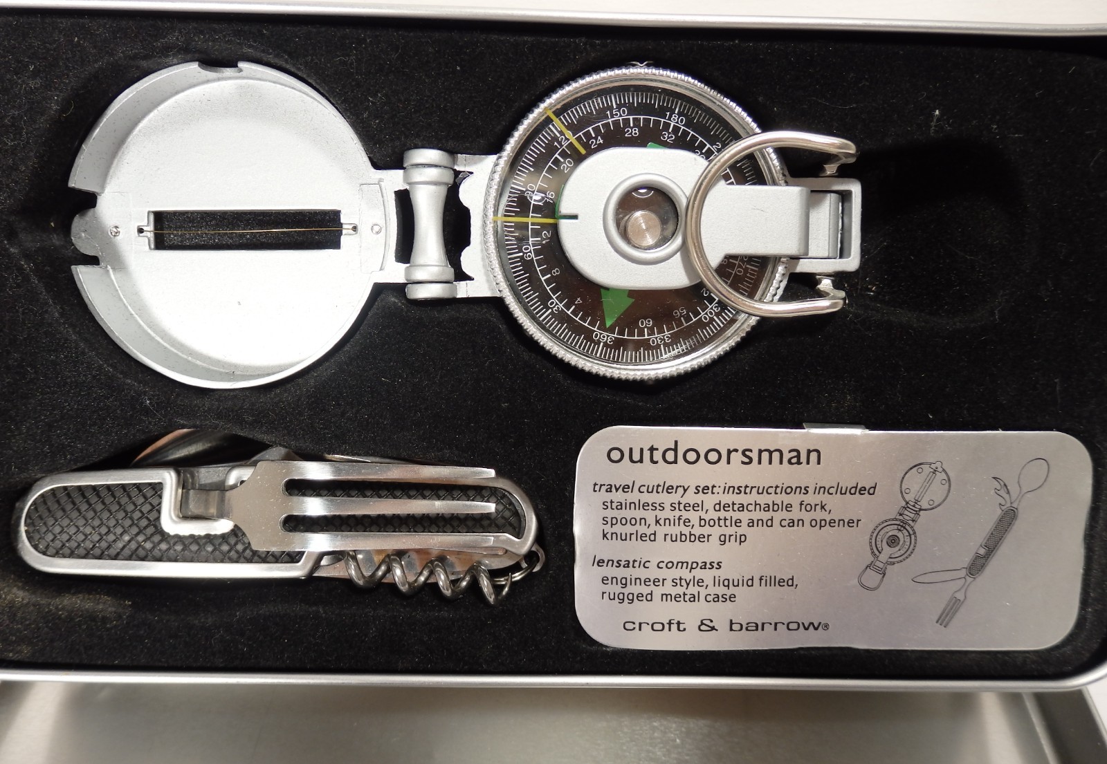 Croft & Barrow Outdoorsman Set Lensatic Compass & Travel Cutlery Multi-Tool Tin