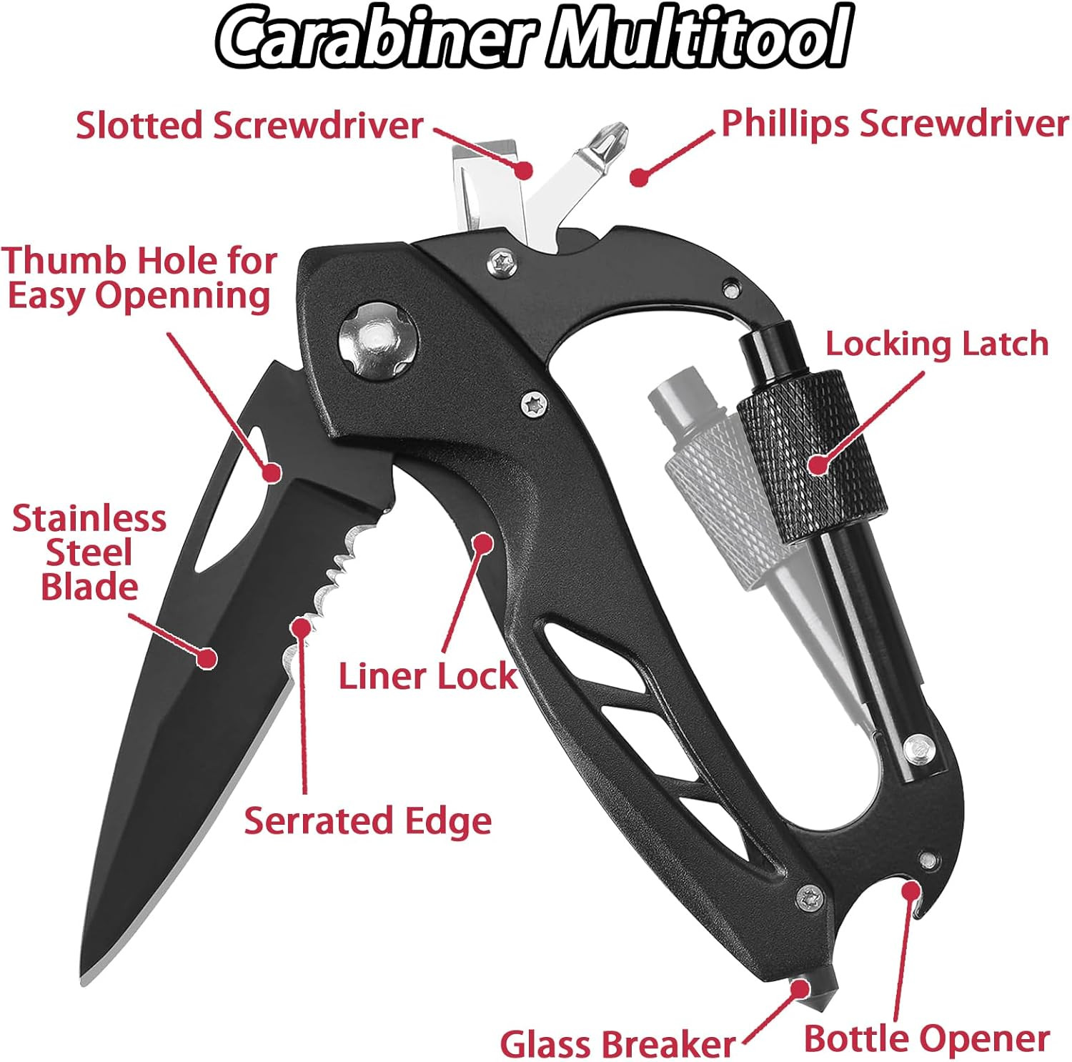Carabiner Multitool, Carabiner with Pocket Knife, Serrated Folding Knife, Rope C