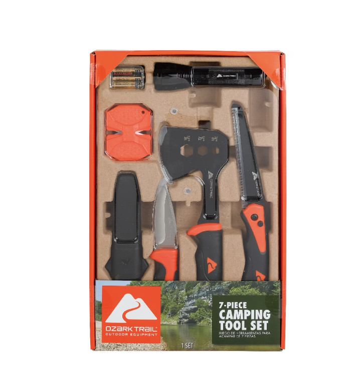Ozark Trail 7-Piece Camping Multitool Set with Hammer, Axe, Flashlight, Knives