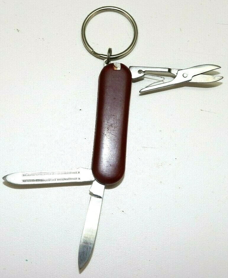 red pocket knife 3 multi-tool scissors, nail file, blade w keychain loop E2431