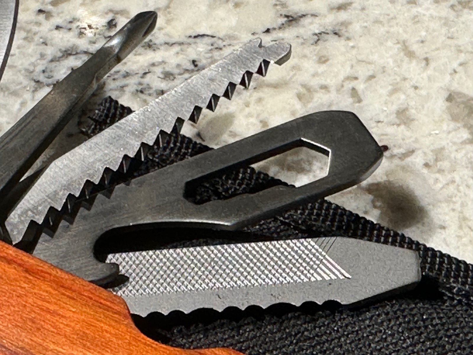 WOOD HANDLE Vintage Camping Axe Hammer Folding Multi Tool Knife Saw w/Sheath GUC