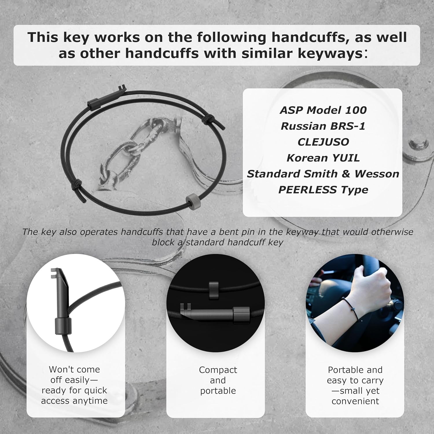 Car Window Breaker Bracelet Escape Tool with Tungsten Bead & Handcuff Key