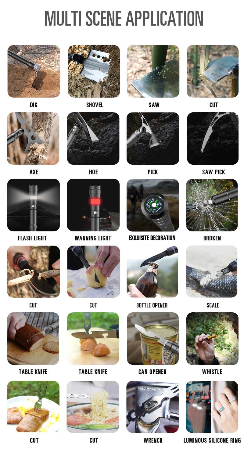 Multifunction Tool with Shovel, Axe, Pick, Hoe, and other tools in a hard case
