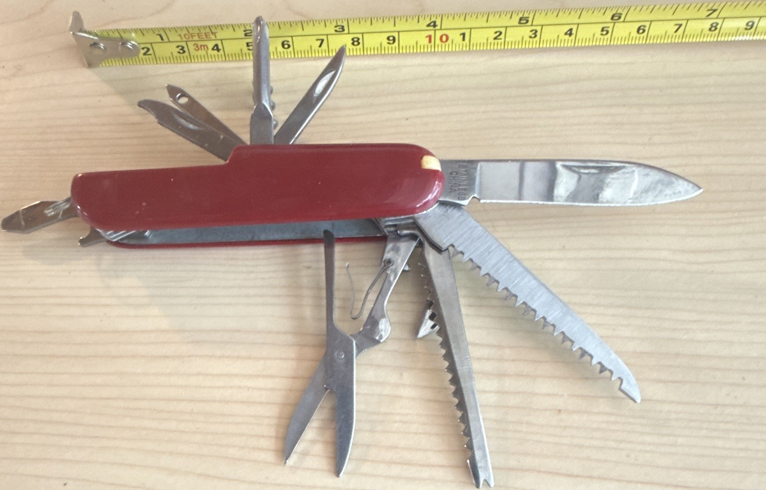 Red Stainless Steel 9-Tool Multi-Tool Knife Scissors Corkscrew Silver