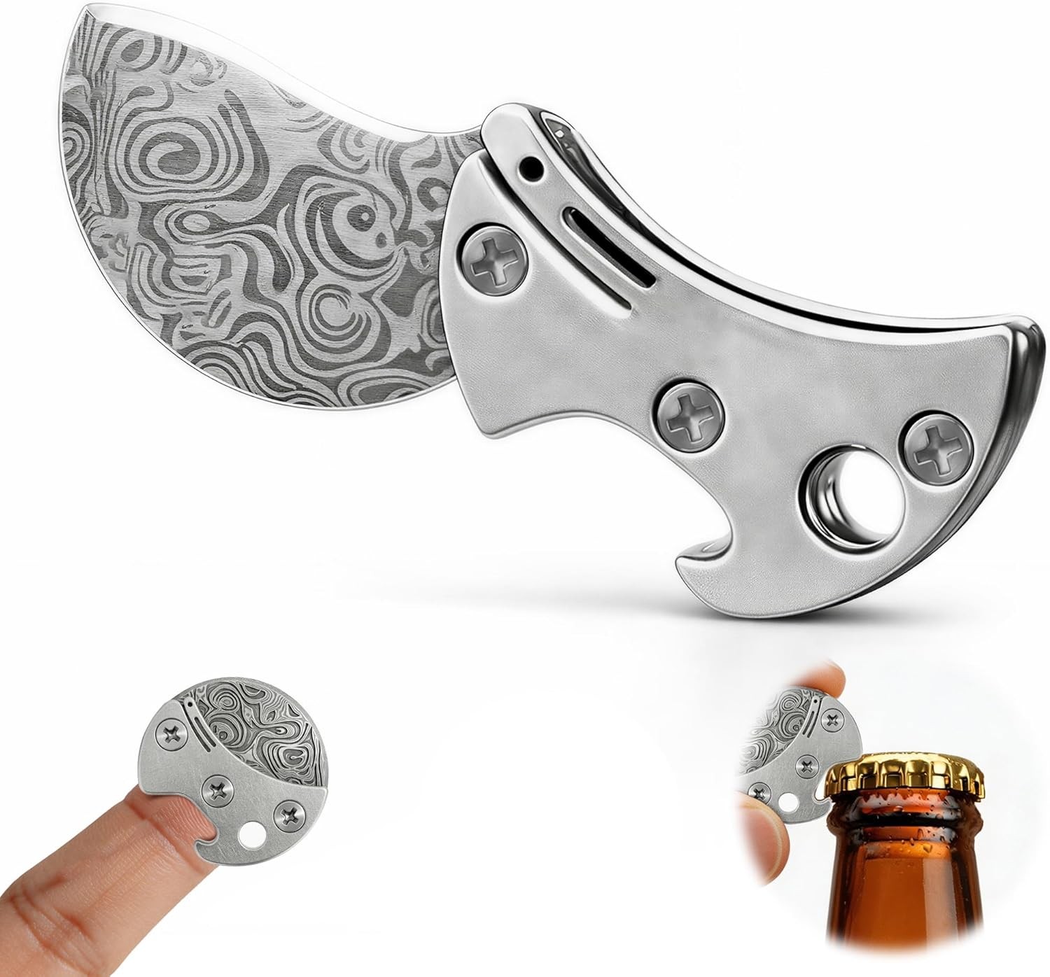 Mini Coin Keychain Tool Titanium Compact Bottle Opener & EDC Cutter Damascus