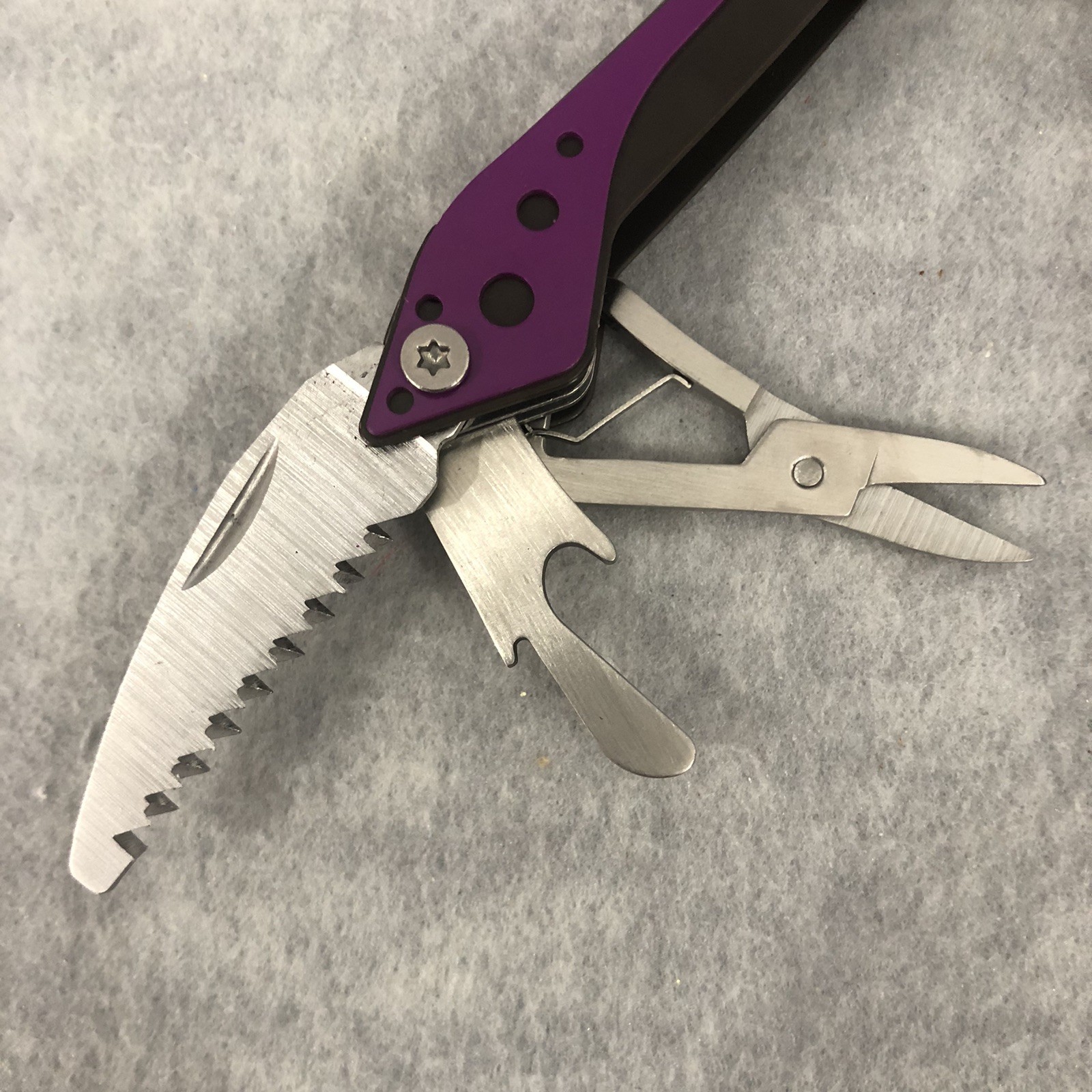 Cabela’s Multi-Tool Purple 3” Closed With Black Nylon Case With Belt Loop Clean
