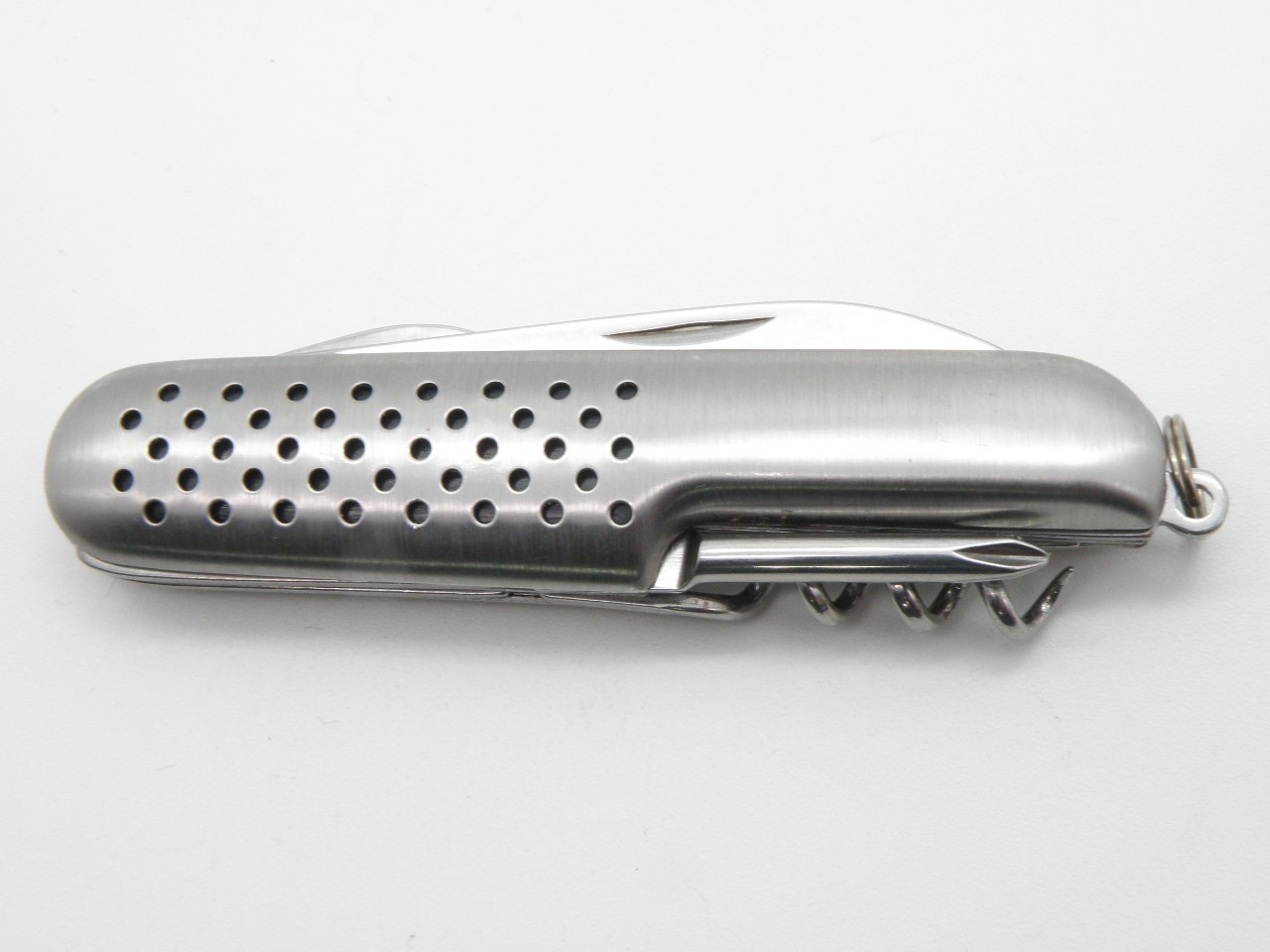 Vintage Silver Tone Multi-Tool Pocket Knife Stainless Steel Perforated Handle