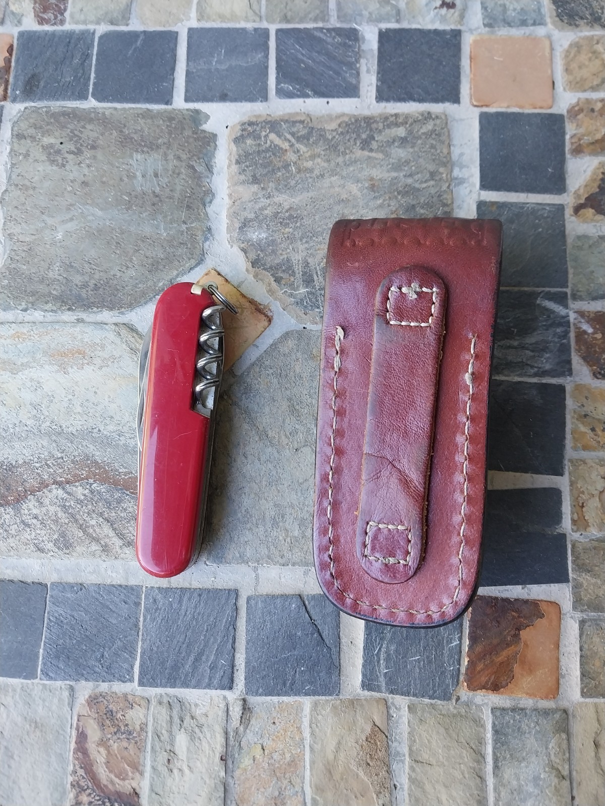 Victorinox Camping Swiss Army Knife Red Multi-Tool w/ Leather Pouch