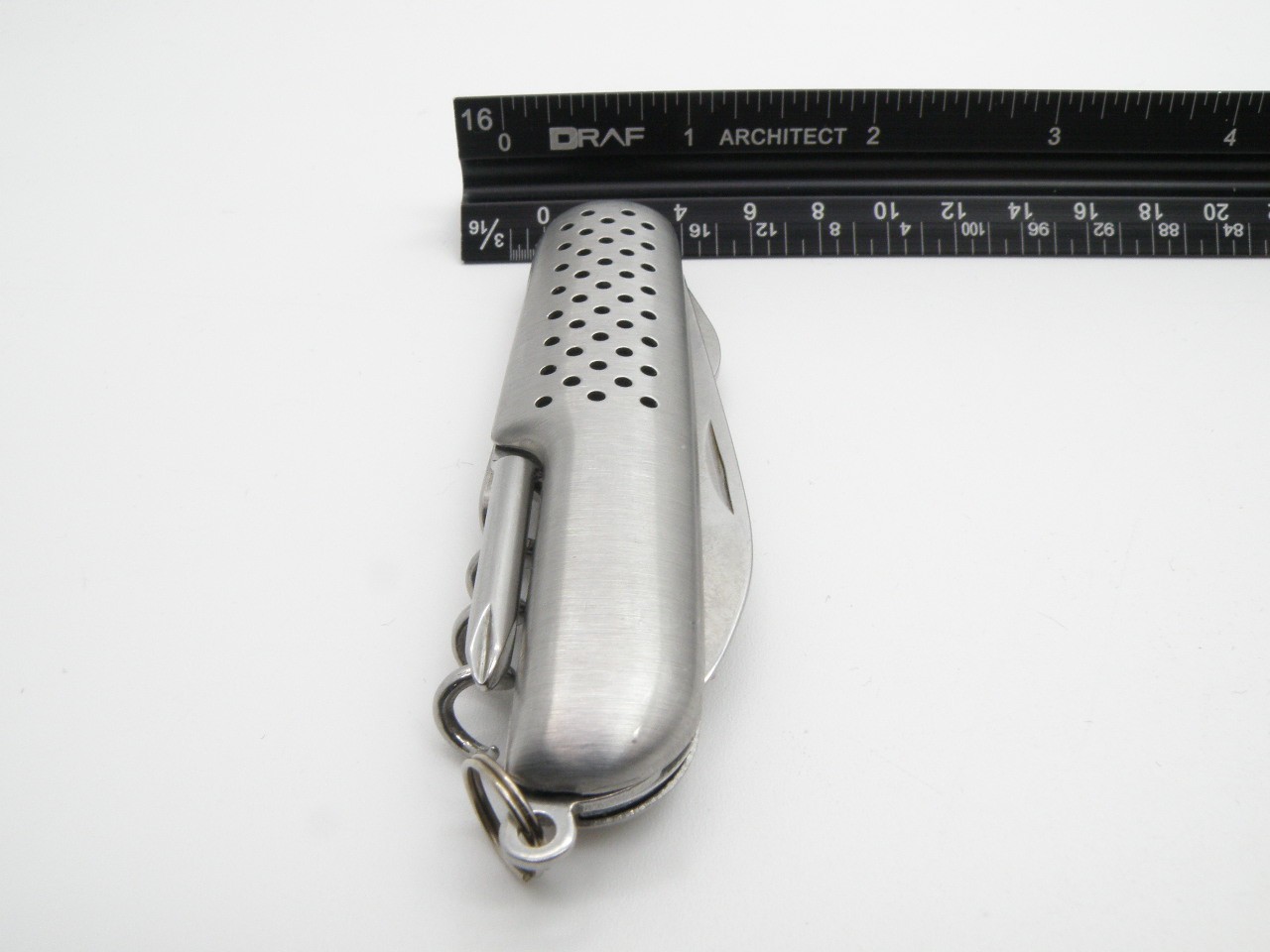 Vintage Silver Tone Multi-Tool Pocket Knife Stainless Steel Perforated Handle