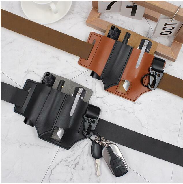 EDC Tactical Waist Bag Leather Multi Flashlight Knife Case Holster Pouch Storage