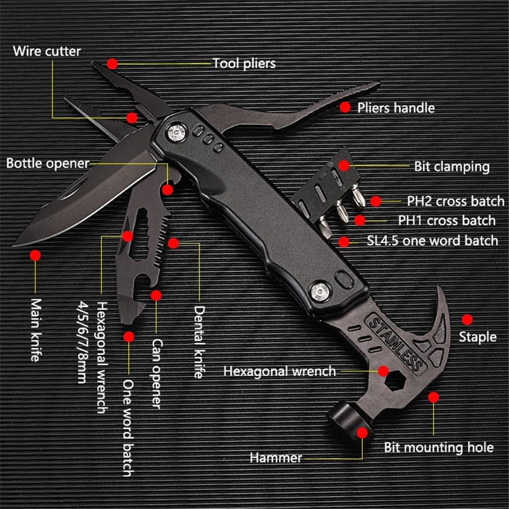 16-in-1 Multi Tool Hammer Pliers Survival Gear Camping Hunting Outdoor EDC Stain