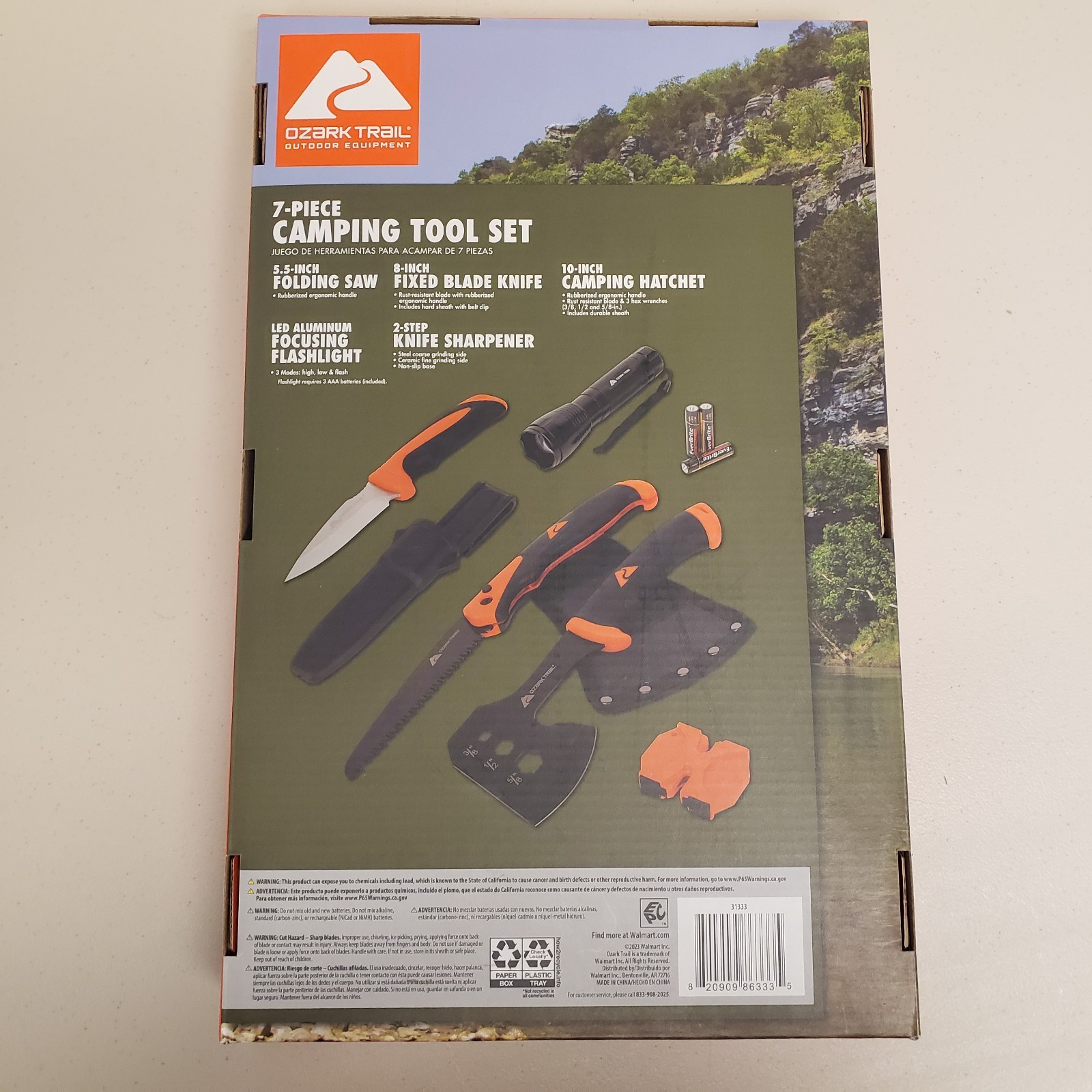 Ozark Trail 7 Piece Camping Tool Set with Hammer Flashlight Batteries Included
