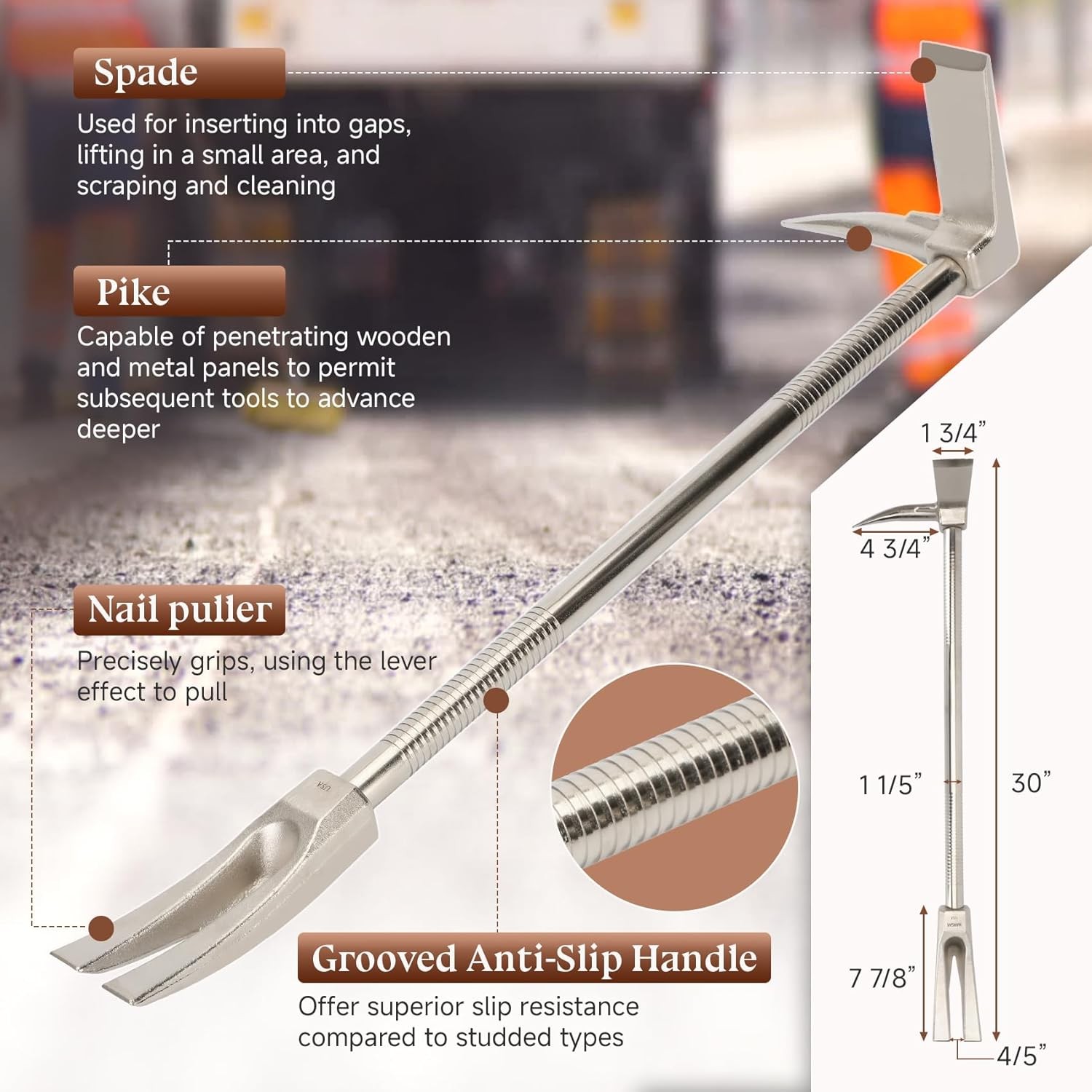 30-Inch Steel Halligan Bar Firefighter Forced Entry Tool, Heavy Duty Emergency