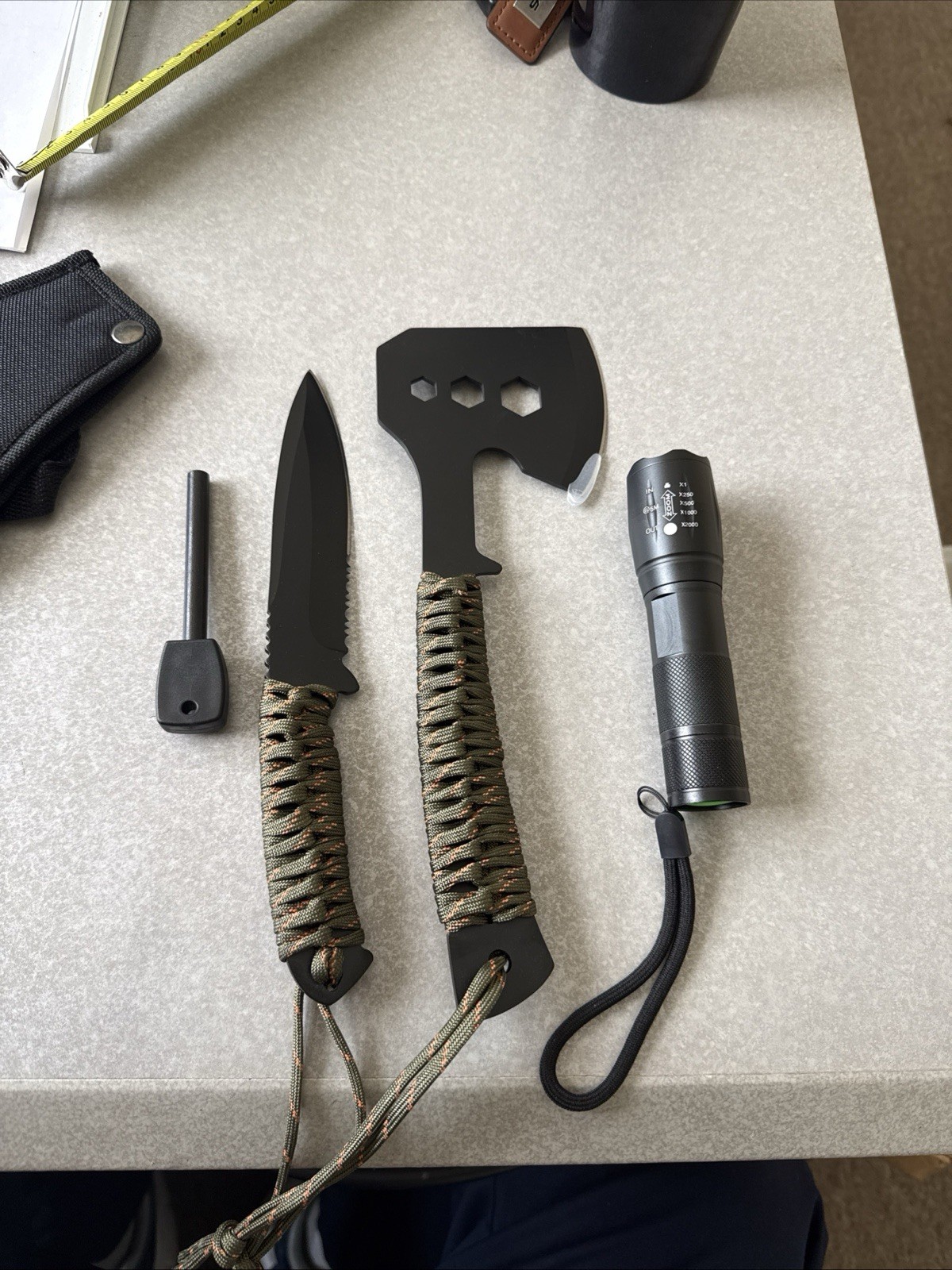 4PC Outdoor Survival Tool Set with Hatchet, Knife, Fire Starter & Flashlight