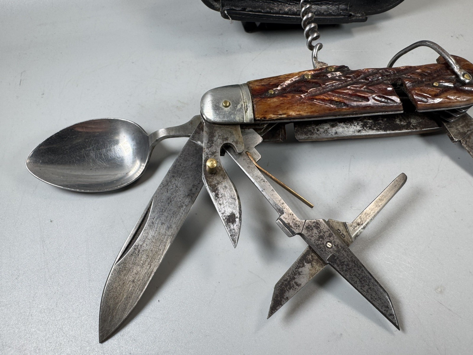 VTG Camping Multi Tool Europe Knife w Spoon Fork Scissors Corkscrew Leather Case