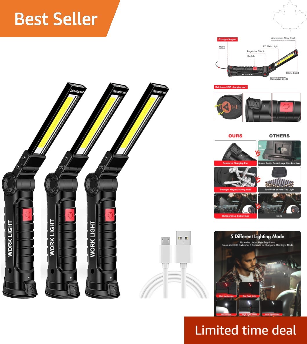 Magnetic Rechargeable Work Light with 360° Rotation & 5 Lighting Modes – 3PCS
