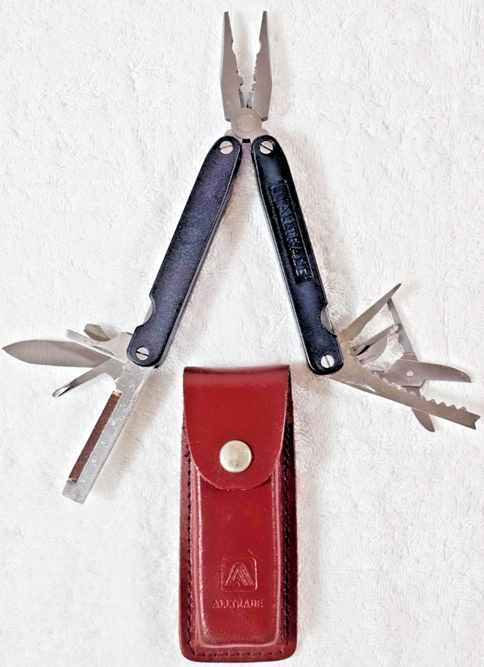 VTG Alltrade Multi Tool Folding Pliers w/ Leather Sheath Knife Saw Screwdrivers