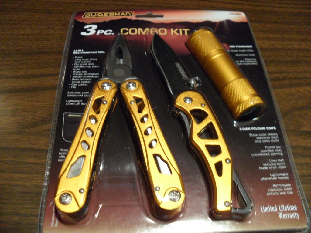 Guidesman 3 pc Combo Kit, Stainless Steel Blade Knife+Flash Light+12-in-One Tool