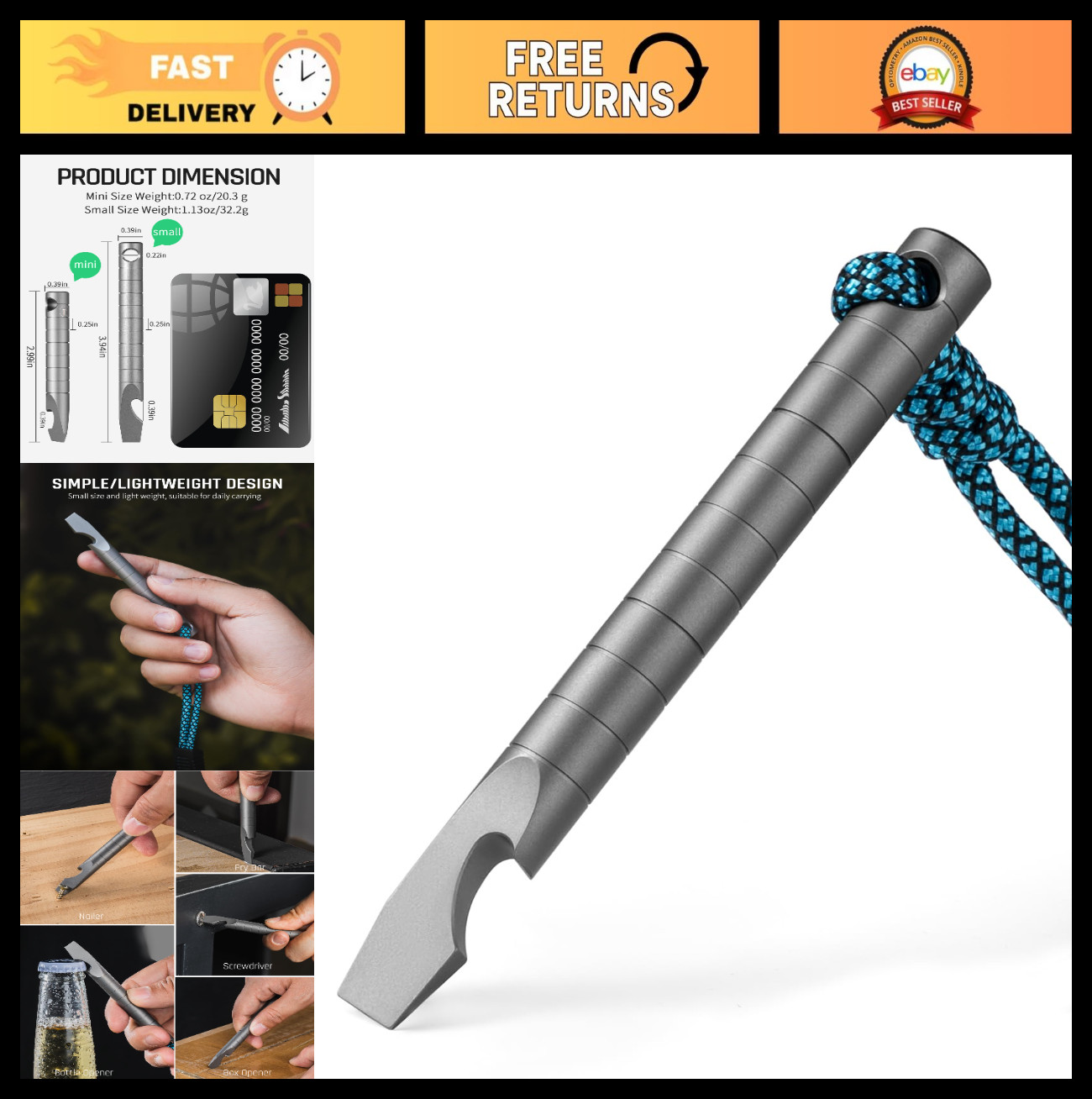 Titanium EDC Pry Bar Multitool – 6-in-1 Keychain Tool with Bottle Opener, Gray