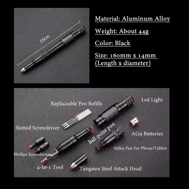 10-in-1 Tactical Pen EDC Survival Tool Flashlight Bottle Opener Self Defense