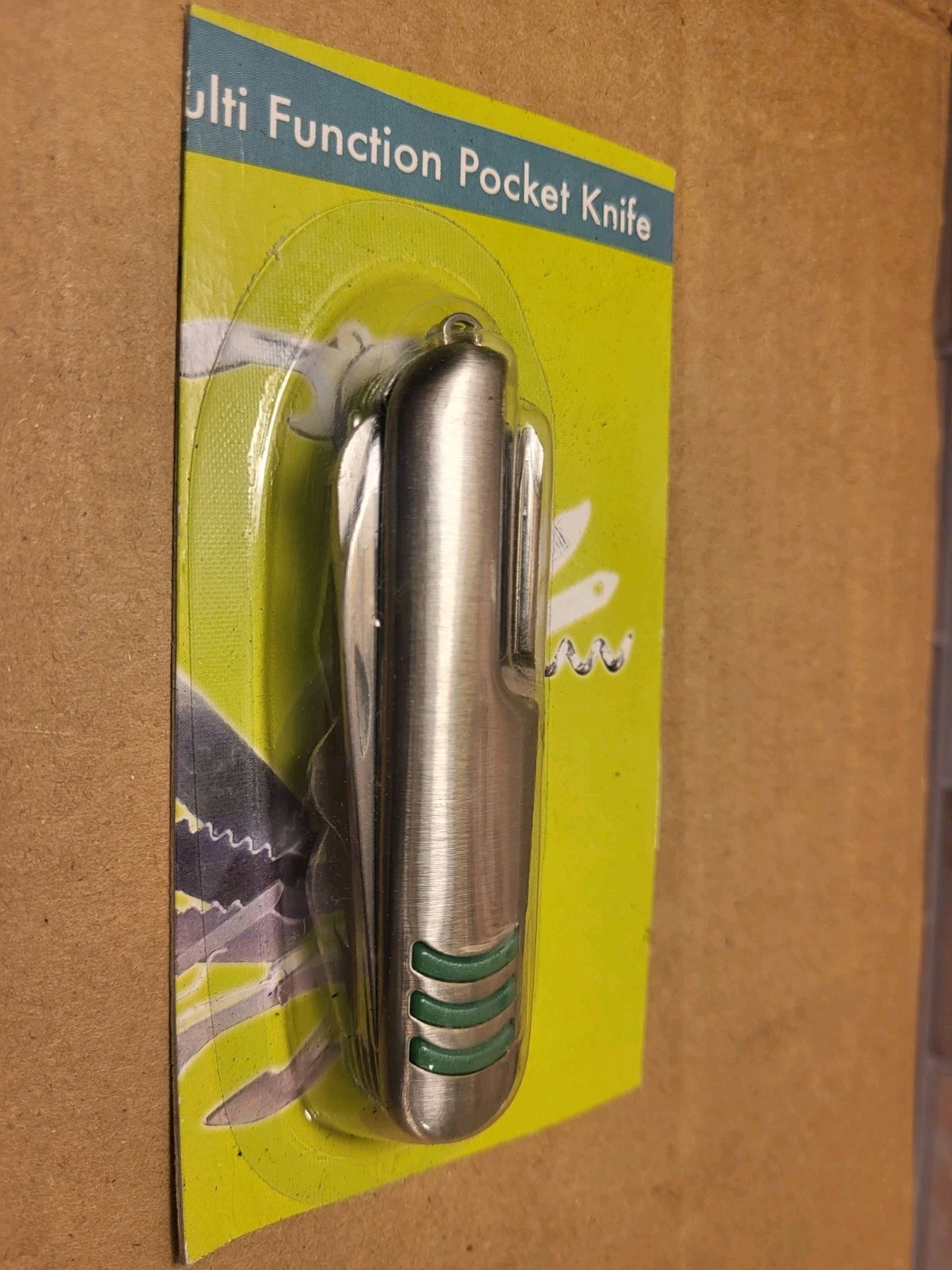 Multi Function Pocket Knife New/Sealed Multitool Silver W/Green Accents 3.5″
