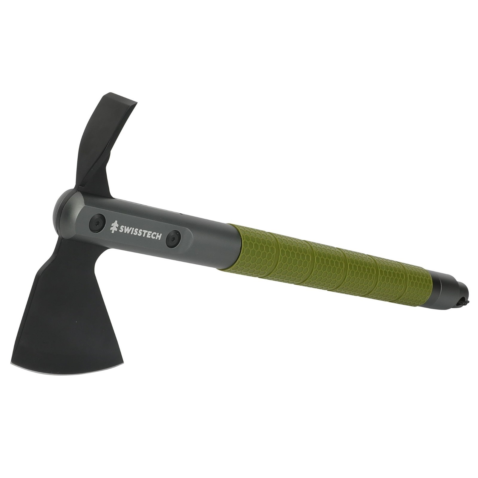 “Swiss Tech Multi-Tool Hatchet with Pocket Knife, No-Slip Silicone Grip, Green,