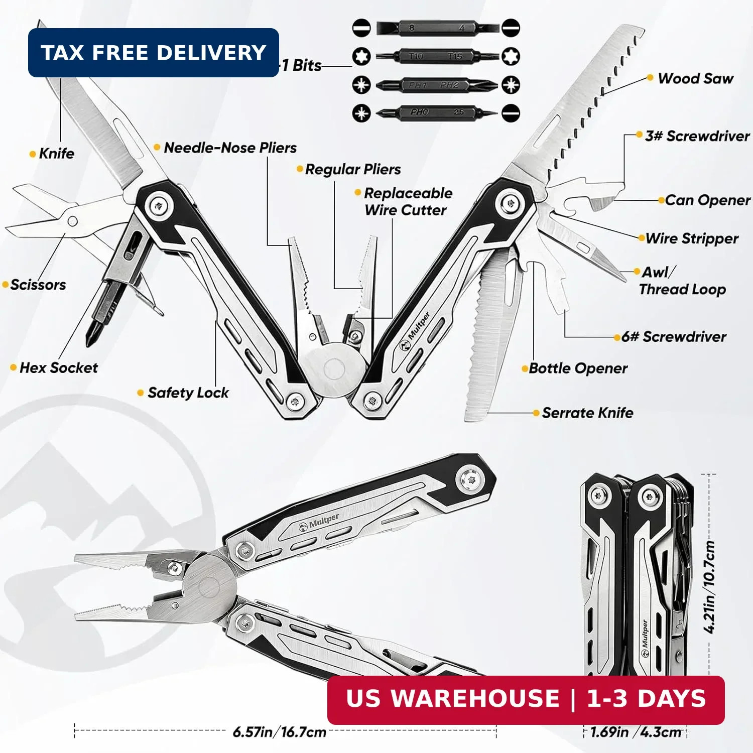 Multper Multitool Pliers MP003AB, 21-in-1 Stainless Steel Multi Tool with Pocket