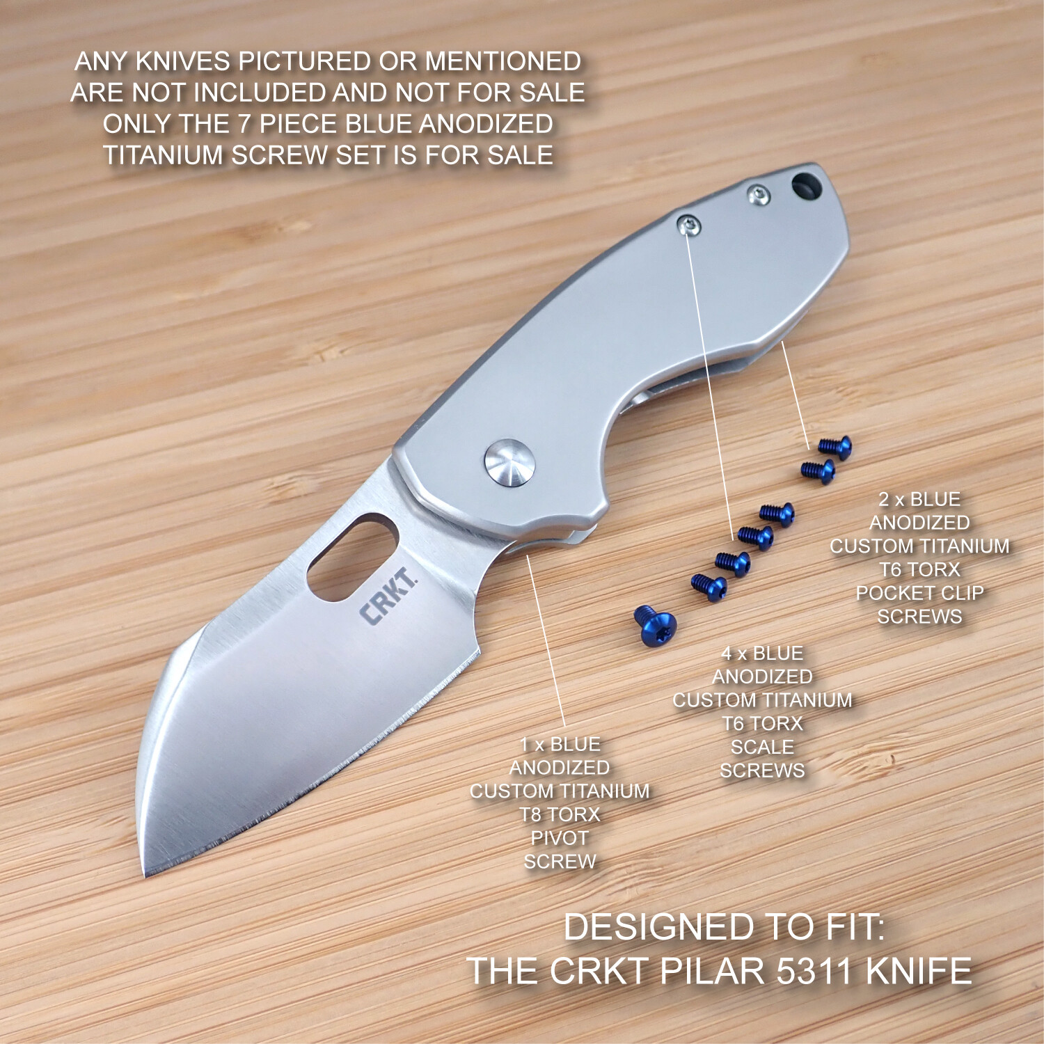 CRKT 5311 Pilar 7pc Custom Anodized BLUE Titanium Torx Screw Set – (no knife)