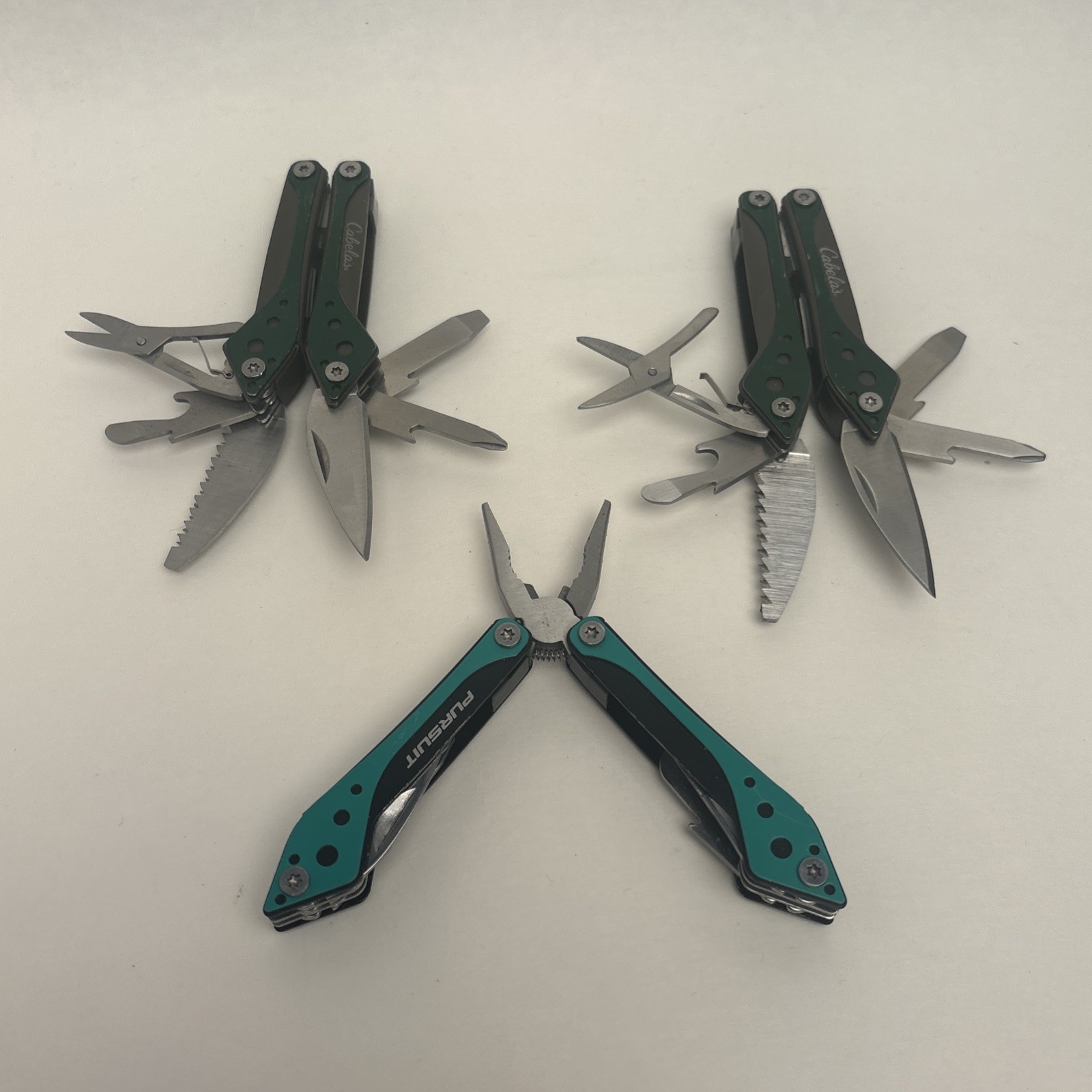 LOT of 3 Cabela/Pursuit Green 7-in-1 Small Multi-Tool Camp Hike Fish Hunt