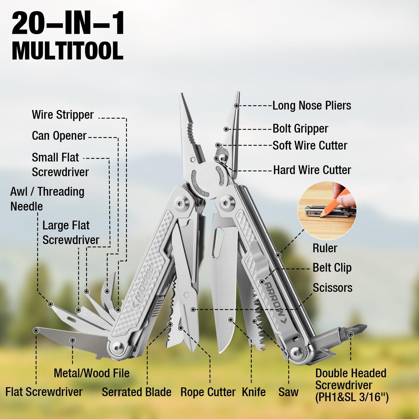 ARROW 20-In-1 Multi Tool Pliers, Gifts for Men Dad, Stainless Steel EDC Multi…