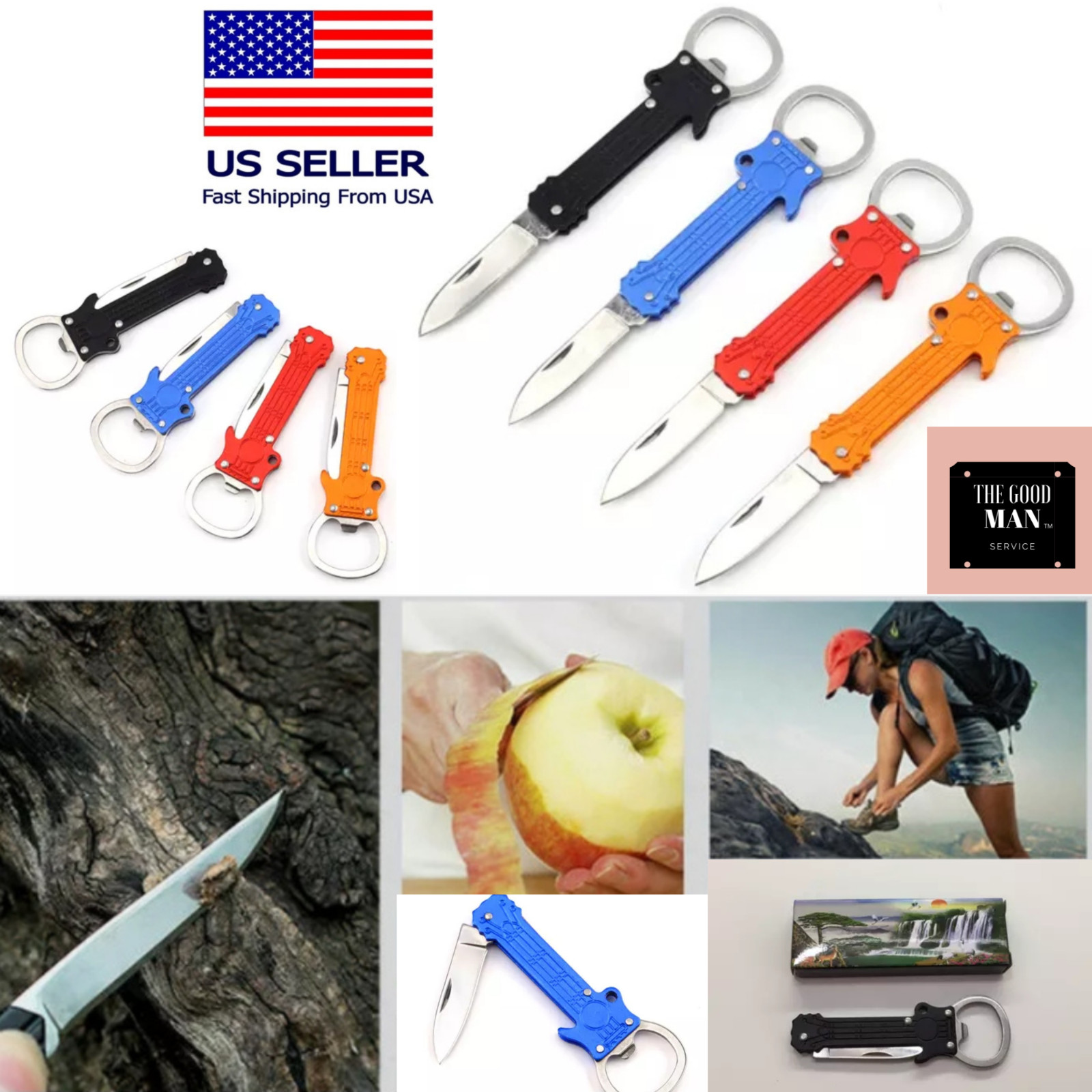 GUITAR SHAPE METAL KEY CHAIN & BOTTLE OPENER KNIFE PEELER SURVIVAL FOLDING BLADE