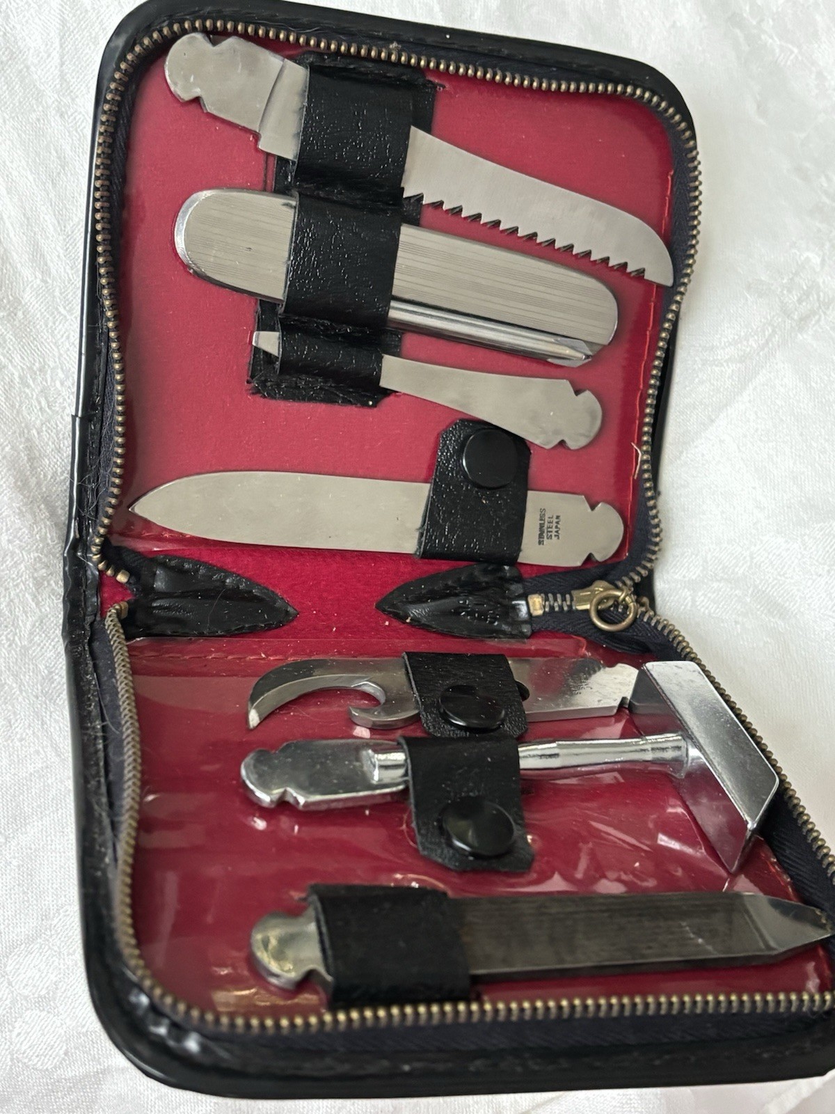 Vintage Mid Century Japanese Multi-Tool Travel Kit Red Lining Stainless Steel