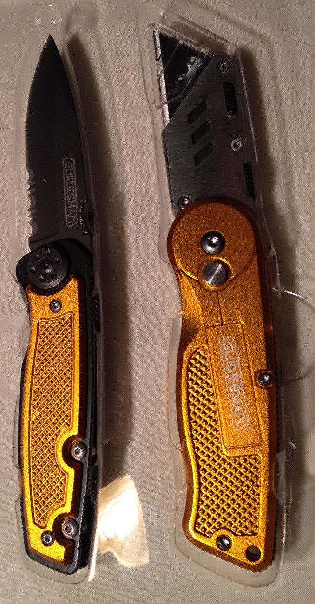 Guidesman 2.5″ Folding SS Knife,Titanium Plated Drop Pt + Utility Knife, 2PC Set
