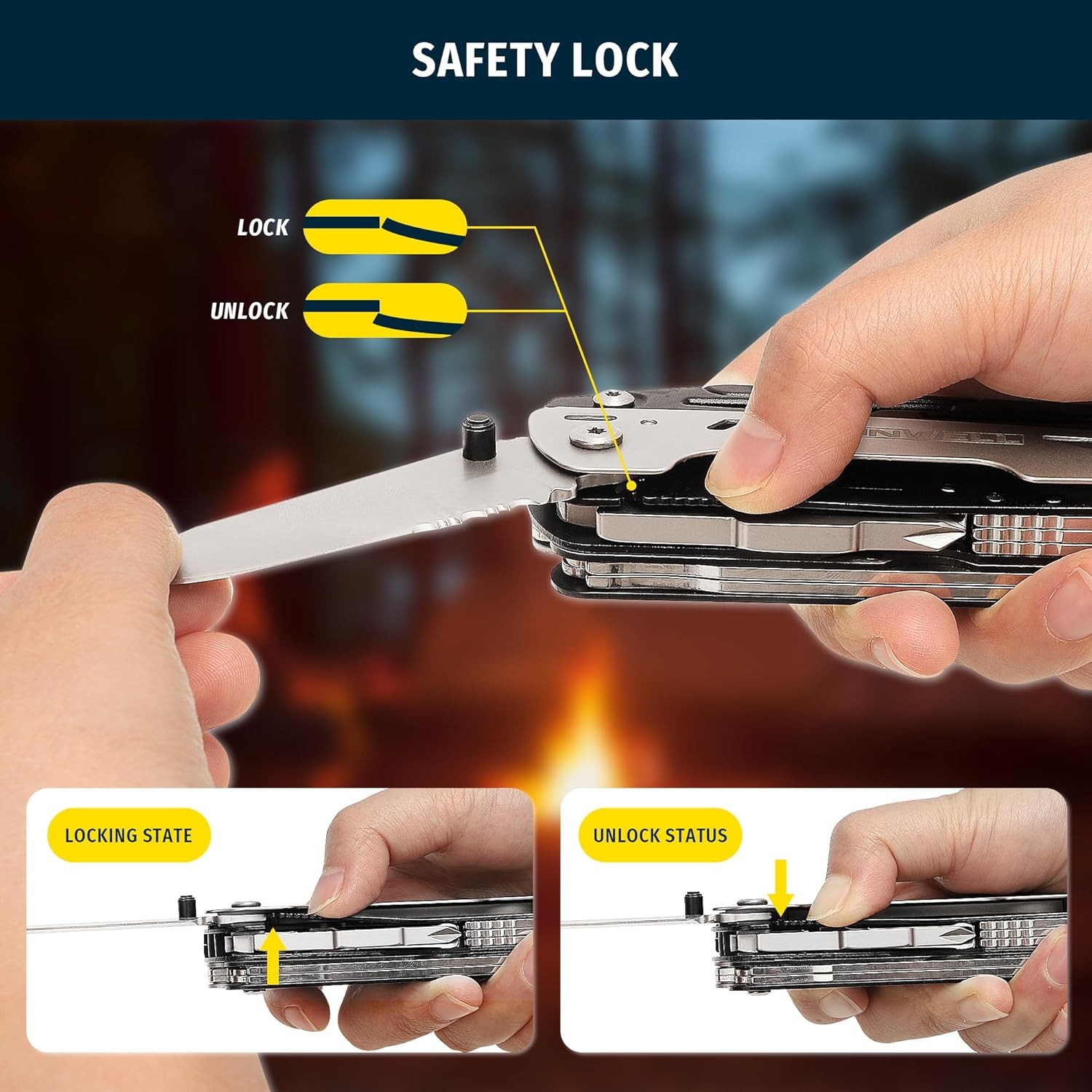 12-in-1 Multitool Pliers W/ Safety Lock Fire Starter & Whistle Stainless Steel