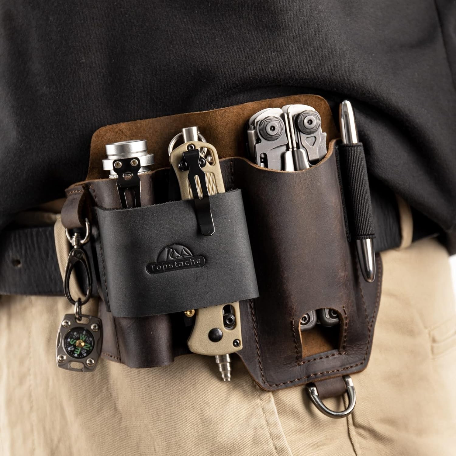 Leather Multitool Sheath – EDC Belt Organizer with 3 Pockets, Dark Brown