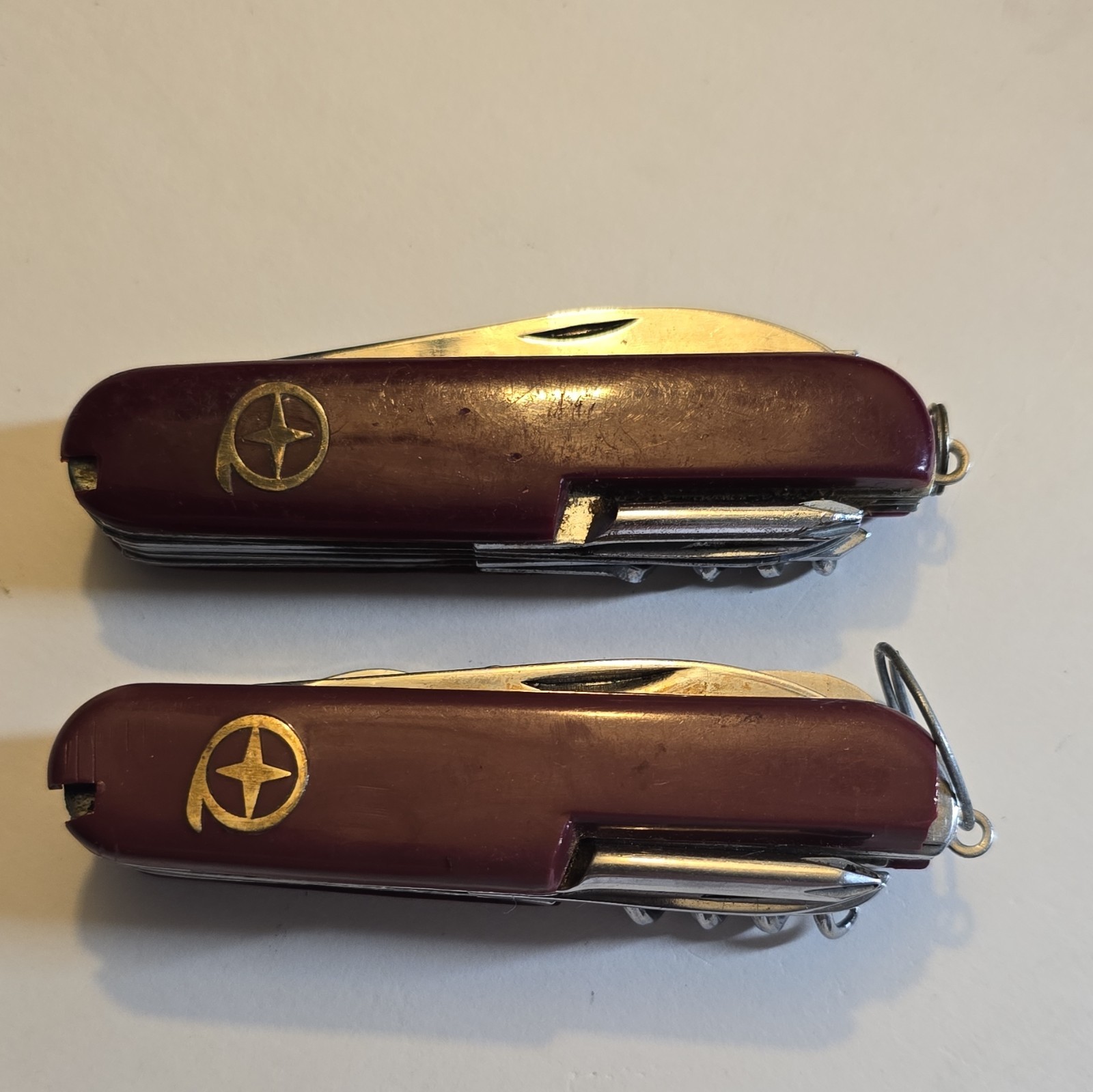 Lot of 2 Brown Swiss Army Style 12-Tool Pocket Multi-Tools w/ Key Ring Vintage