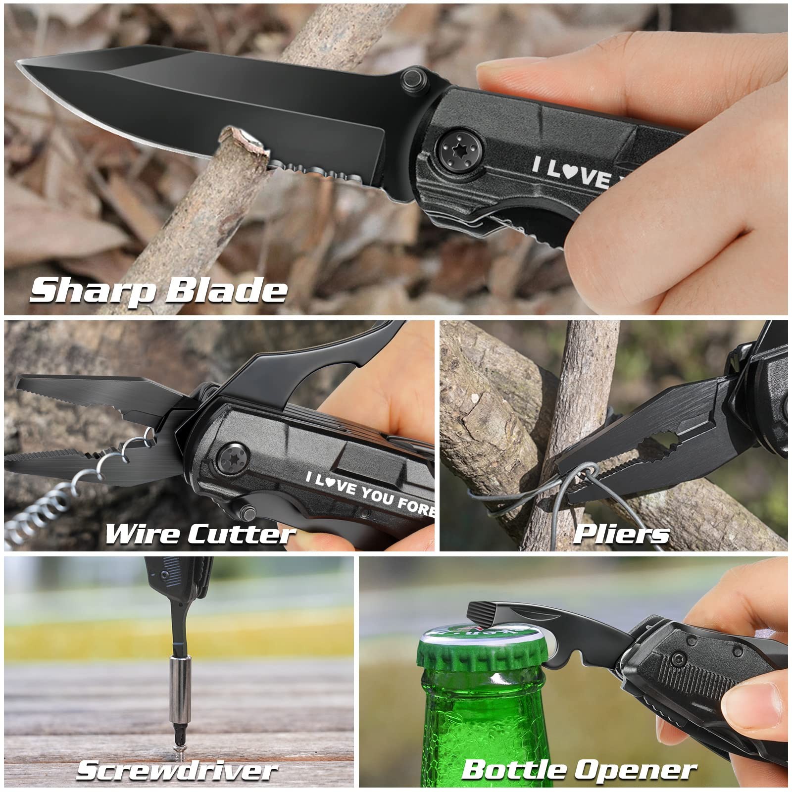 Gifts for Boyfriend Husband,Multitool Pocket Knife “I LOVE Black