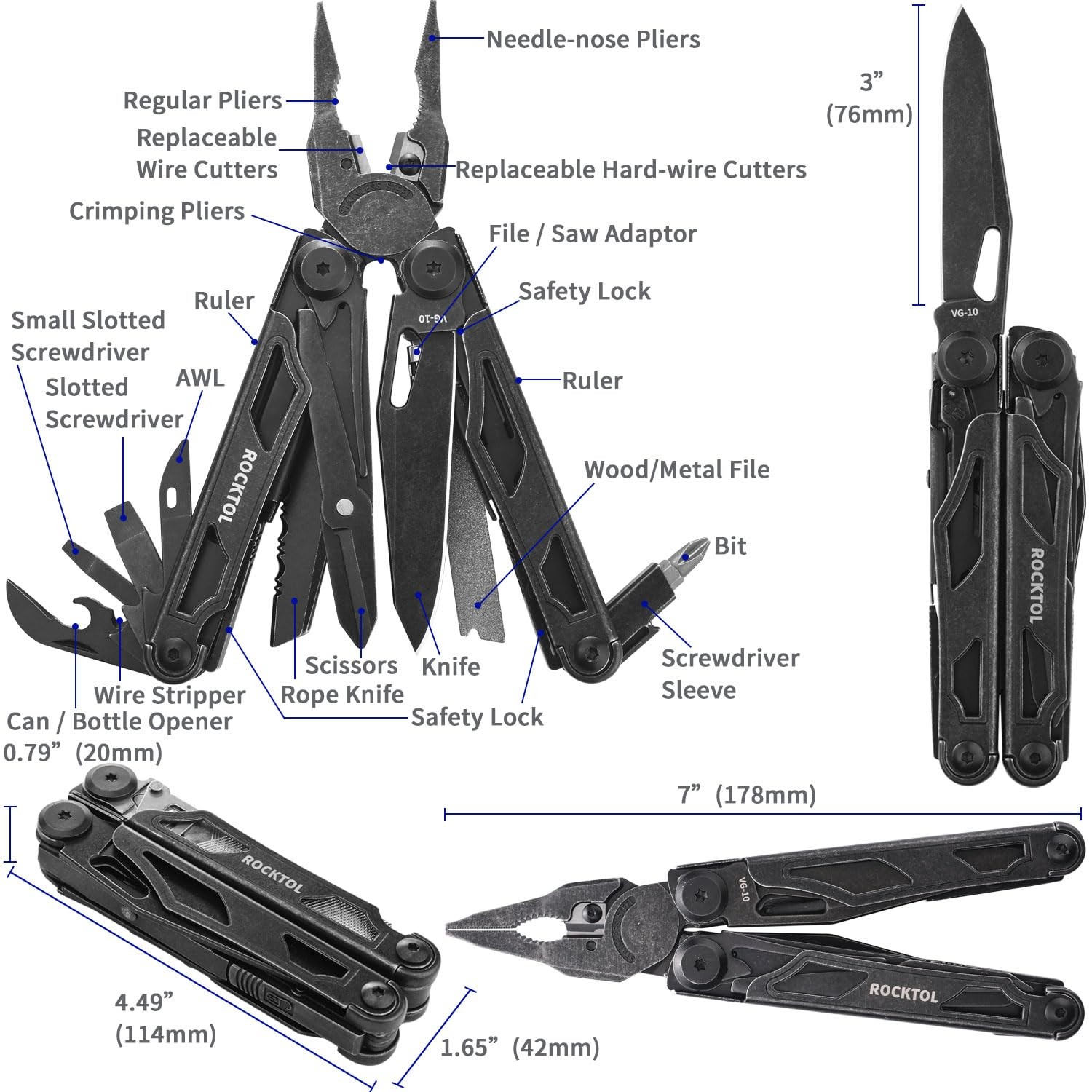 Multitool, VG-10 Blade, 29-in-1 Multitool Pliers with Replaceable Wire Cutter…