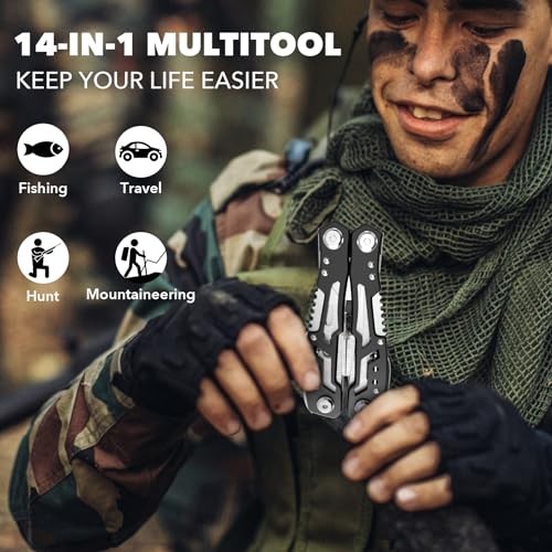 14-in-1 Stainless Steel Multitool Pliers with Safety Lock, Pocket Knife & Sheath