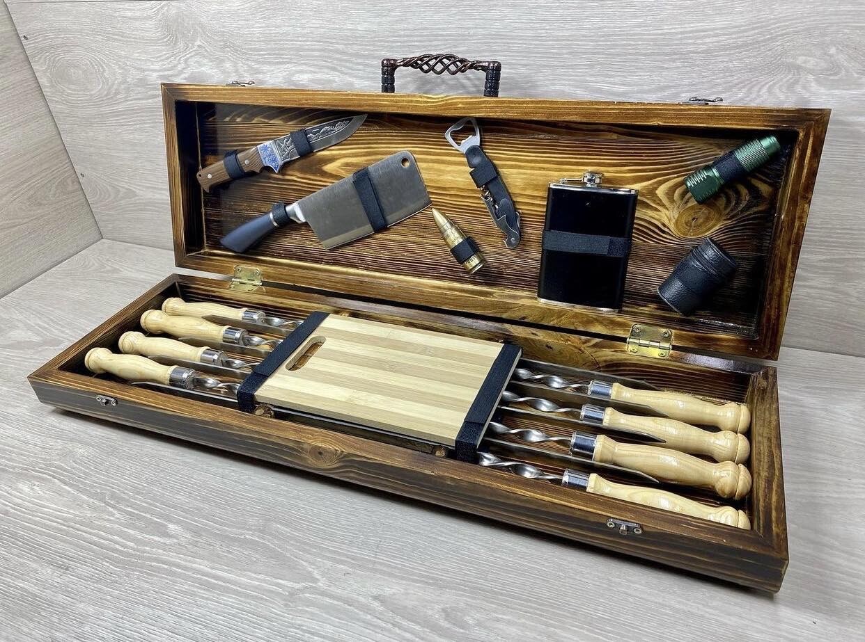 Exclusive Handmade Camping set skewers Tool BBQ Grill with wood case NEW GIFT