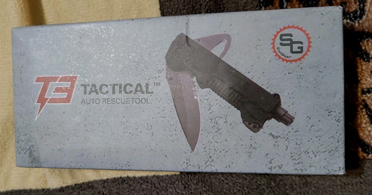 T3 Tactical Knife with Glass Puncher, LED Light & Seatbelt Cutter Rescue Tool