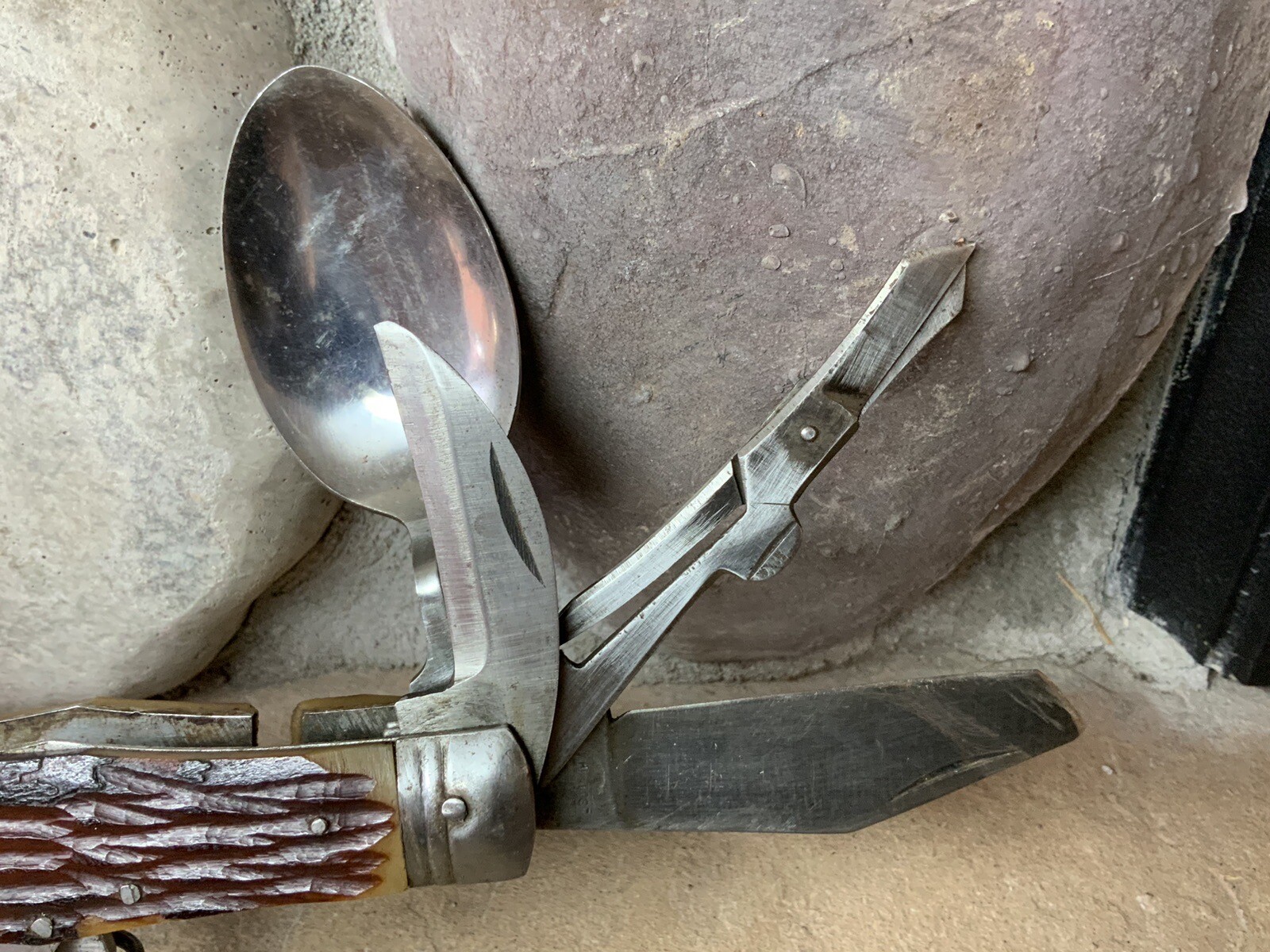 Vtg Camp Multi Tool 11 Gadgets Full Size Spoon Fork Saw Knife Open Hi Test Japan