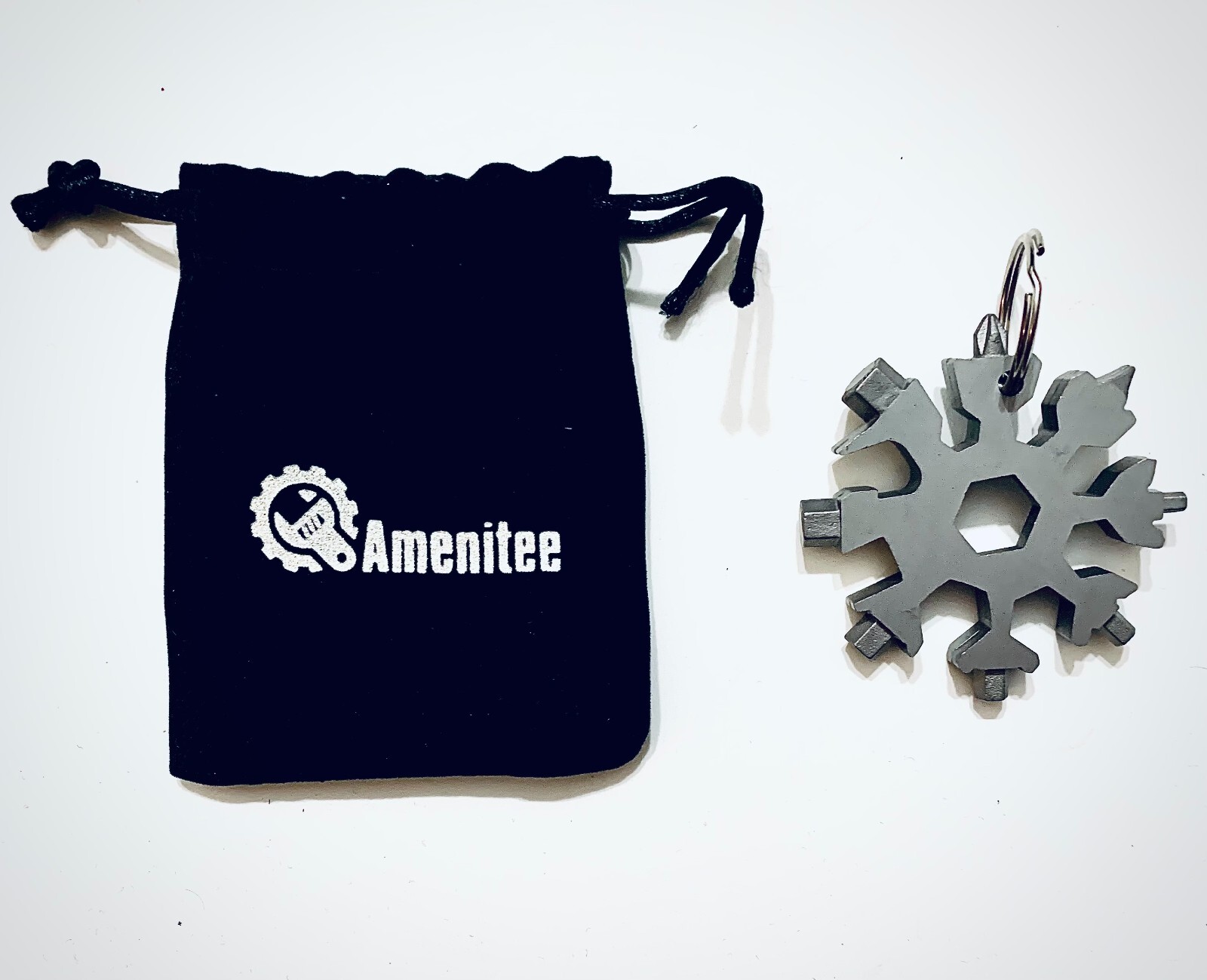 Amenitee Snowflake Multi-tool Key Ring – stainless steel, with drawstring bag