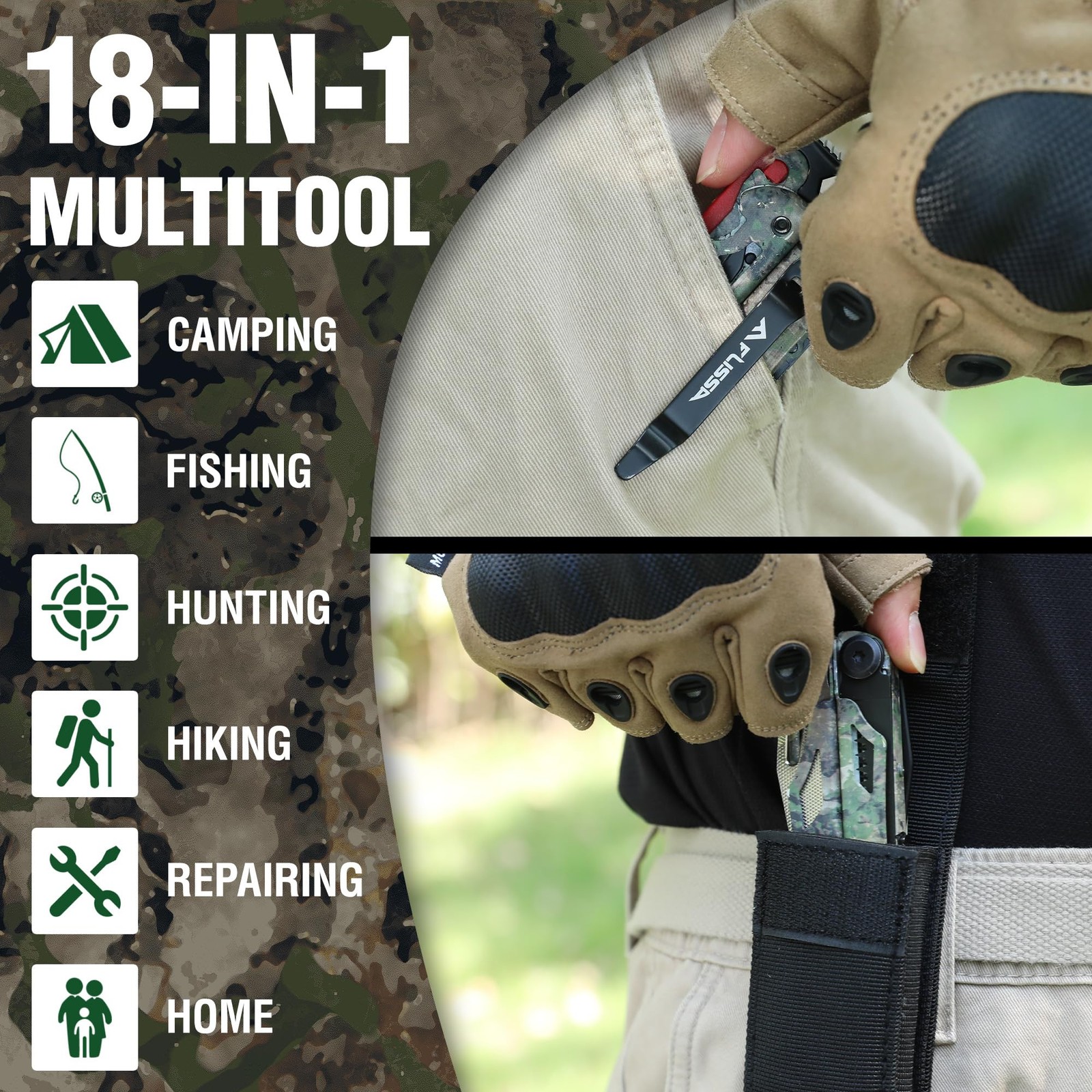 Multitool, 18 in 1 Camo Multitool Pliers with Fire Starter, Window Breaker, W…