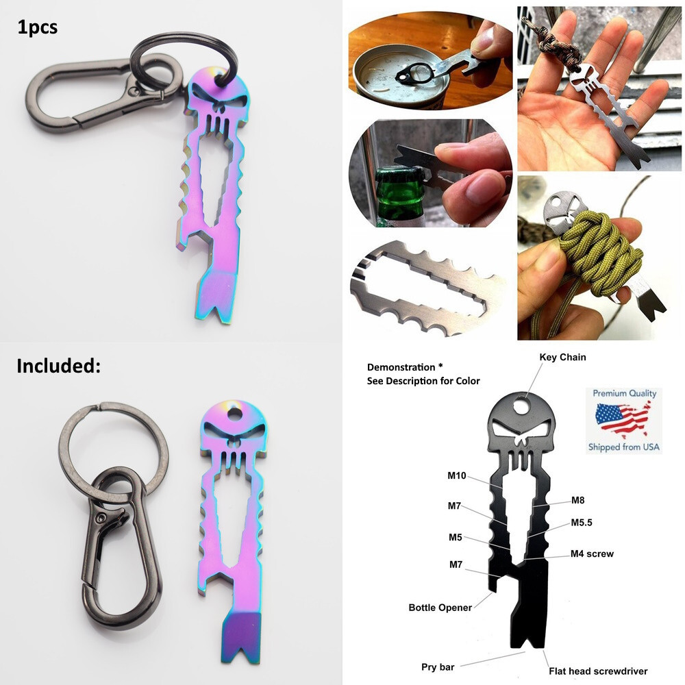Skull Keychain Crowbar Hex Wrench Carabiner Clip Opener EDC – Neon & Black