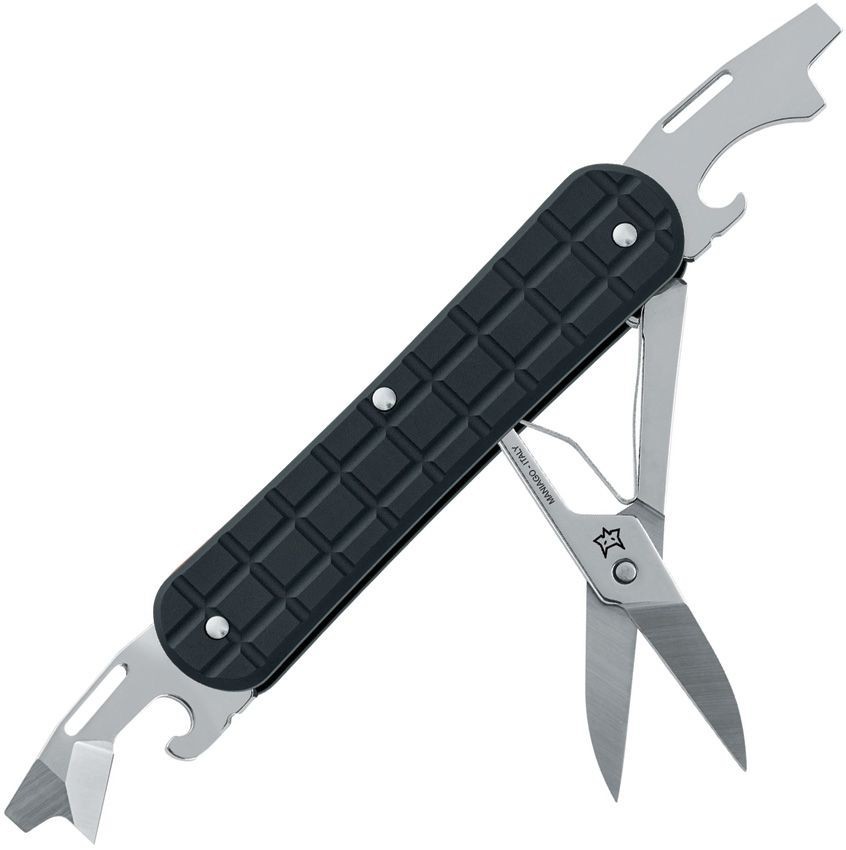 Fox Vulpis Folding Knife Scissors Openers Screwdrivers Blade Black Alu. Handles