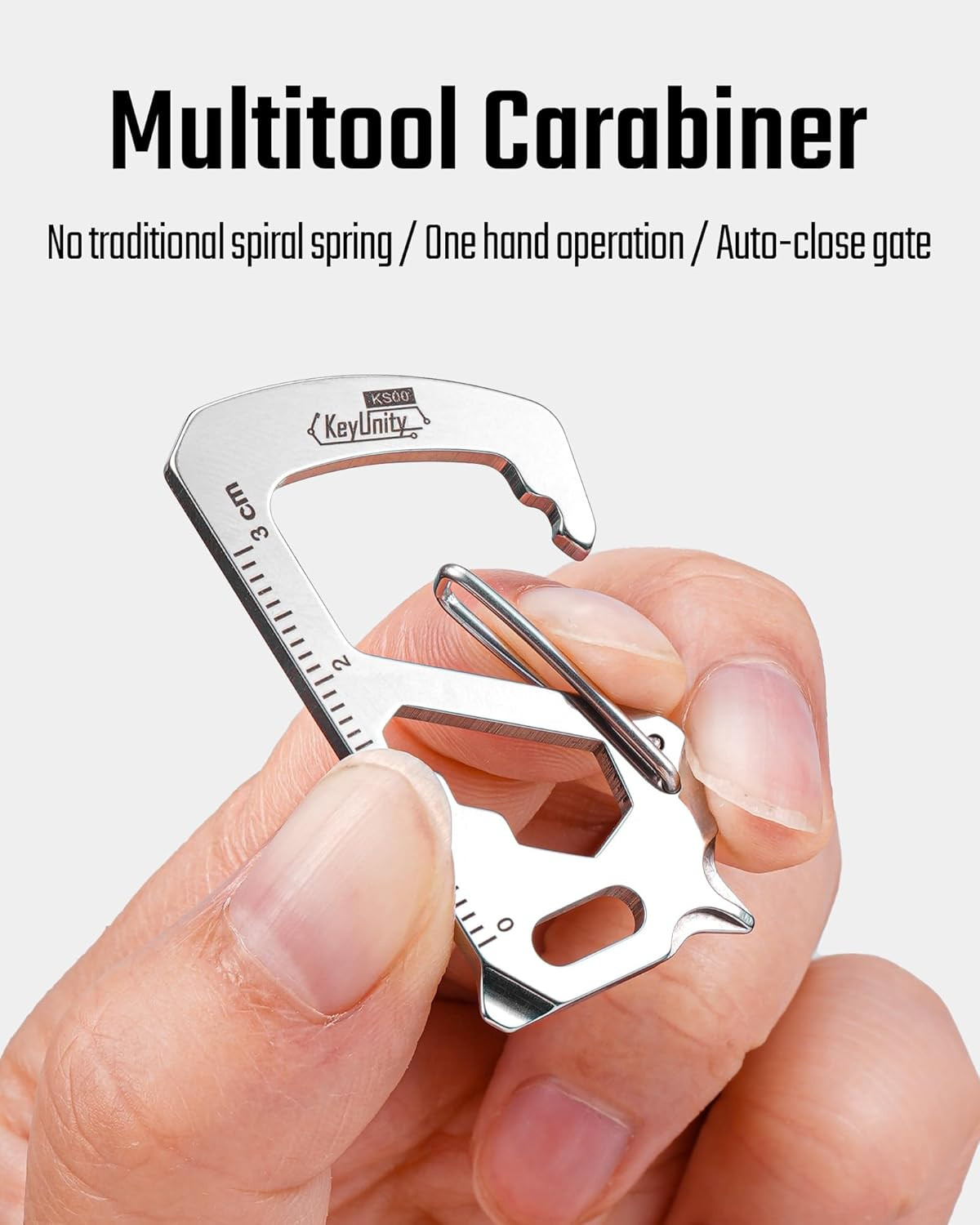 KS00S Carabiner Clip Multitool Stainless Steel 7 Tools in 1, Quick Release Clasp